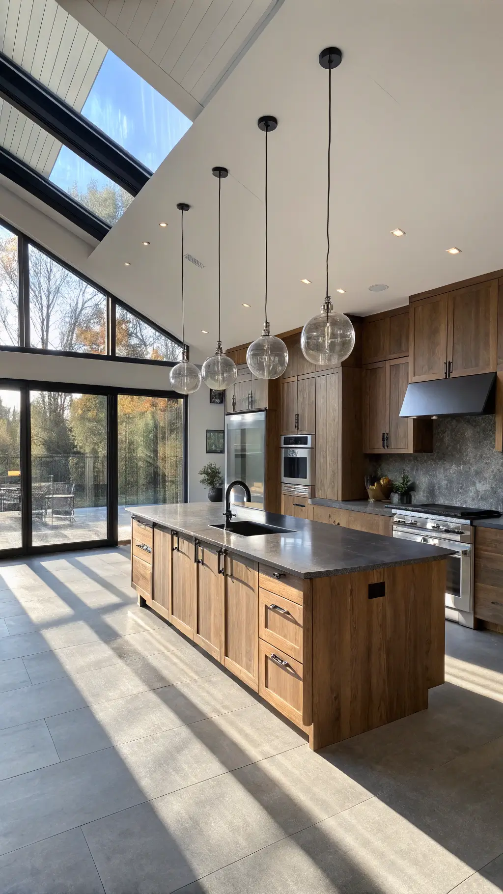 modern 12x18ft kitchen with hickory cabinets, matte black appliances, minimalist hardware, gray concrete waterfall island, glass globe pendants, floor-to-ceiling windows with afternoon sunlight, and lighting enhancing wood warmth