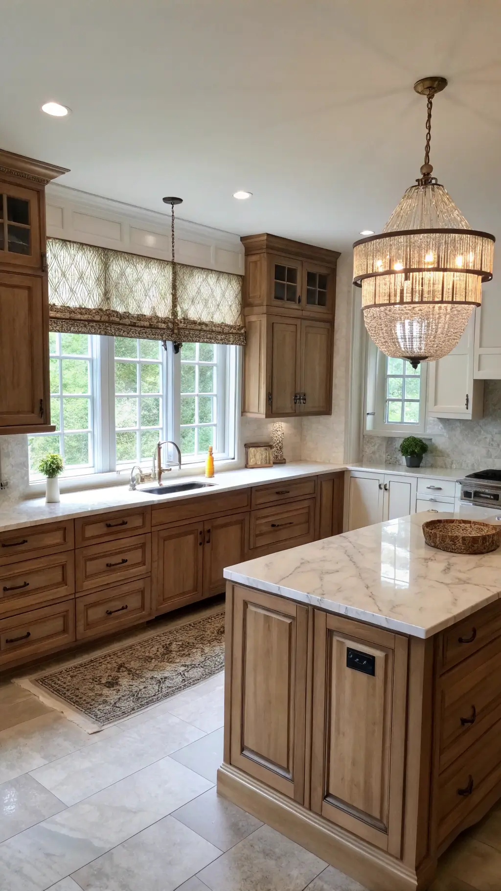 elevated view of elegant 14x16ft L-shaped kitchen with mixed clear and knotty hickory cabinets, marble countertops, antiqued brass hardware, diffused midday light through roman shades, crystal chandelier over breakfast nook