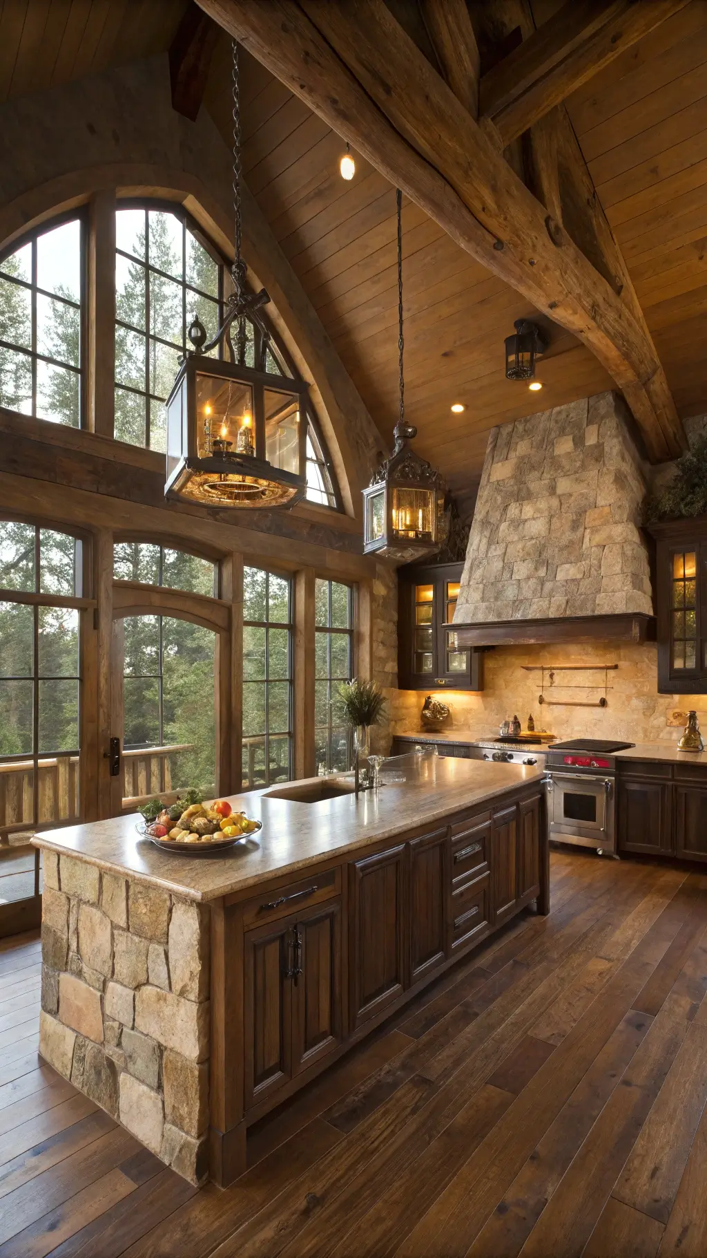 luxurious rustic kitchen with vaulted ceilings, exposed timber beams, golden light through arched windows, hickory cabinets, stone hood, glass-front cabinets, bronze lanterns, copper sink, hardwood floors, grand cozy atmosphere