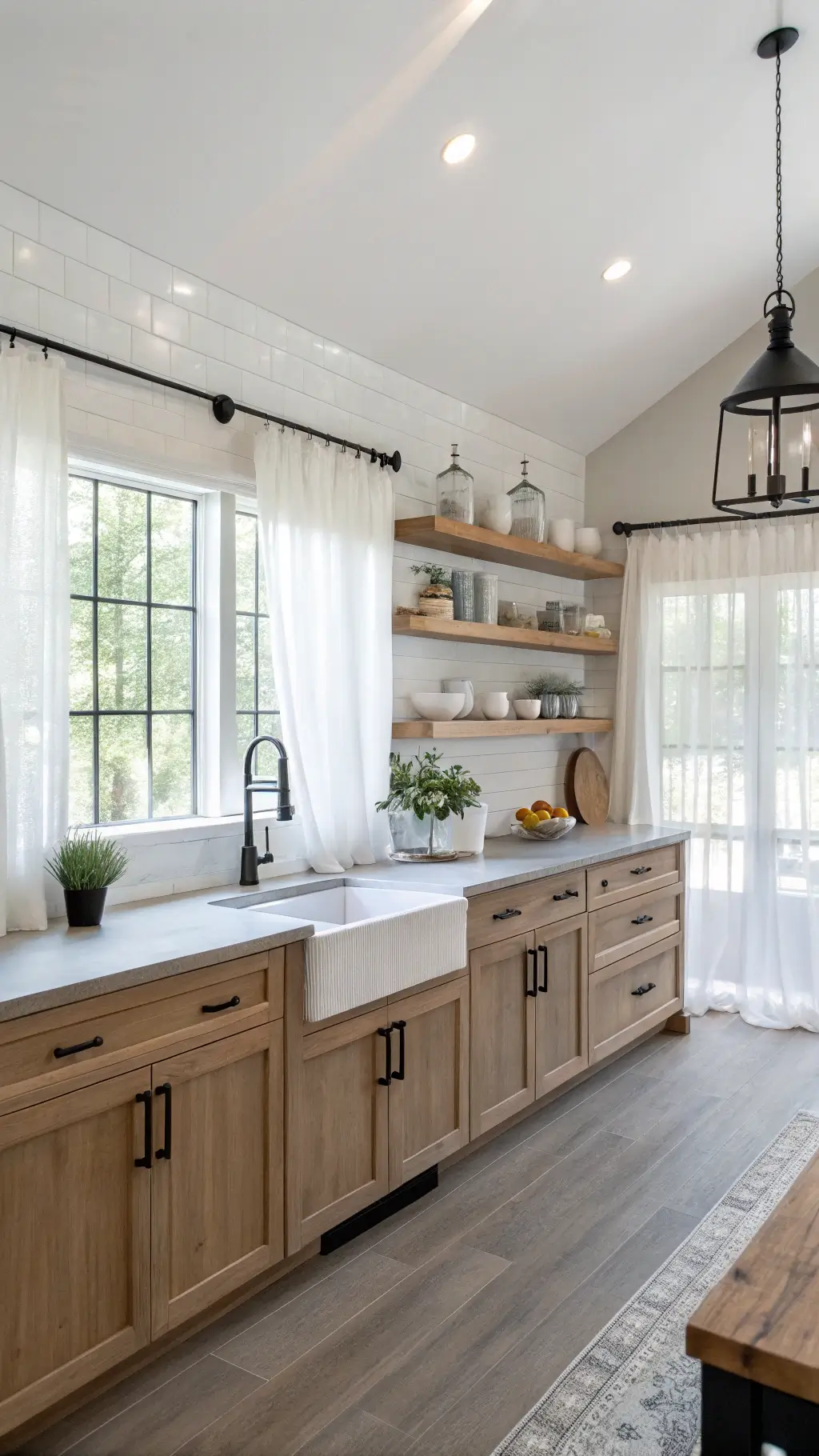 open concept modern farmhouse kitchen with morning light, hickory shaker cabinets, concrete countertops, black fixtures, white oak shelves, artisanal pottery