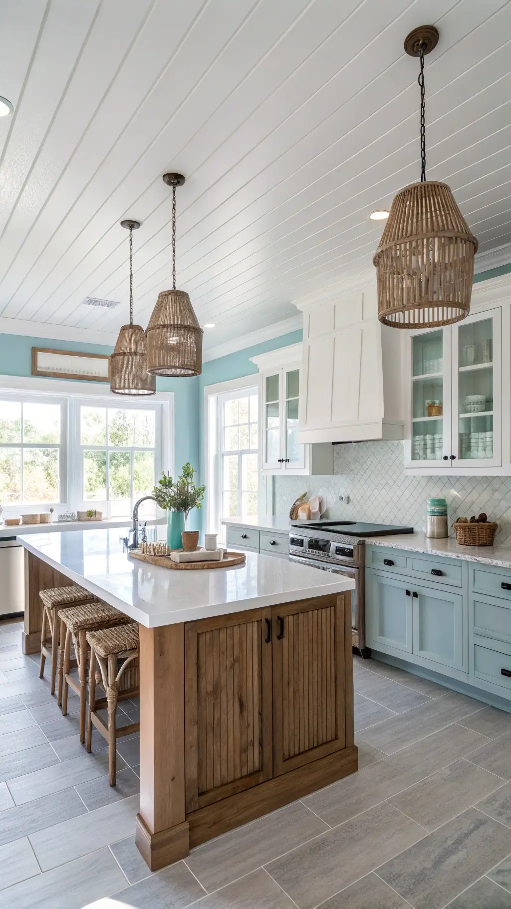 bright coastal kitchen with pale blue walls, open shelving, hickory cabinets, white quartz counters, glass tile backsplash, rattan pendants over island