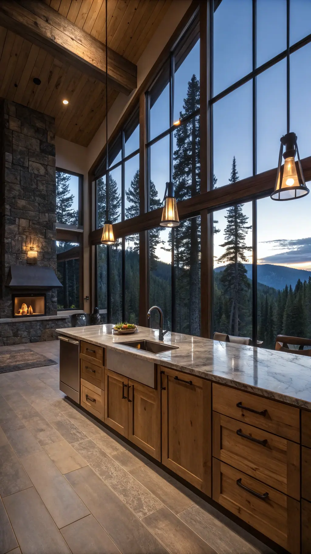 modern two-story kitchen with knotty hickory cabinets and leathered granite counters, wall of windows overlooking forest at dusk, steel accents, vintage pendant lighting