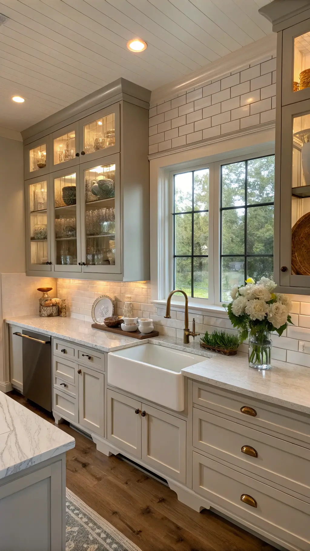 modern farmhouse kitchen illuminated by golden hour light, featuring Sherwin Williams Agreeable Gray cabinets, glass-front uppers, marble backsplash, vintage brass hardware, open shelves with ceramics and hydrangeas