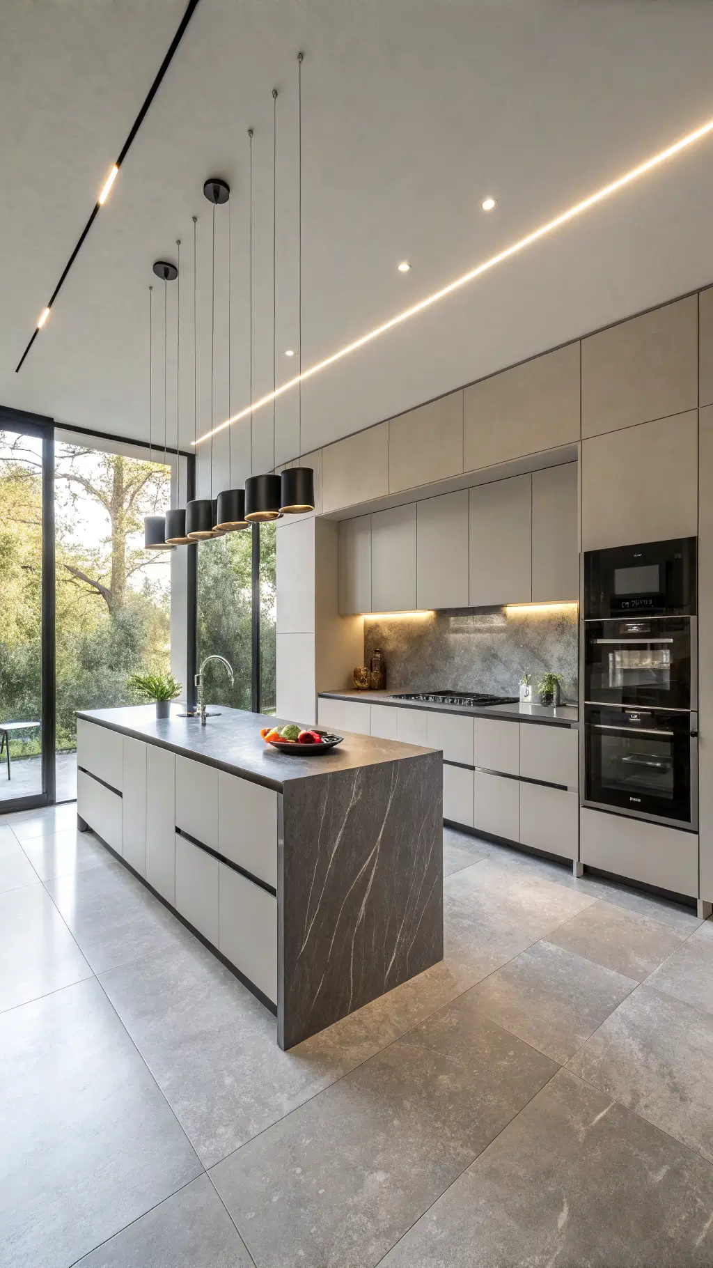 minimalist kitchen with floor-to-ceiling Revere Pewter cabinets, high-end appliances, black granite waterfall island, under-cabinet LED lighting, and concrete floors