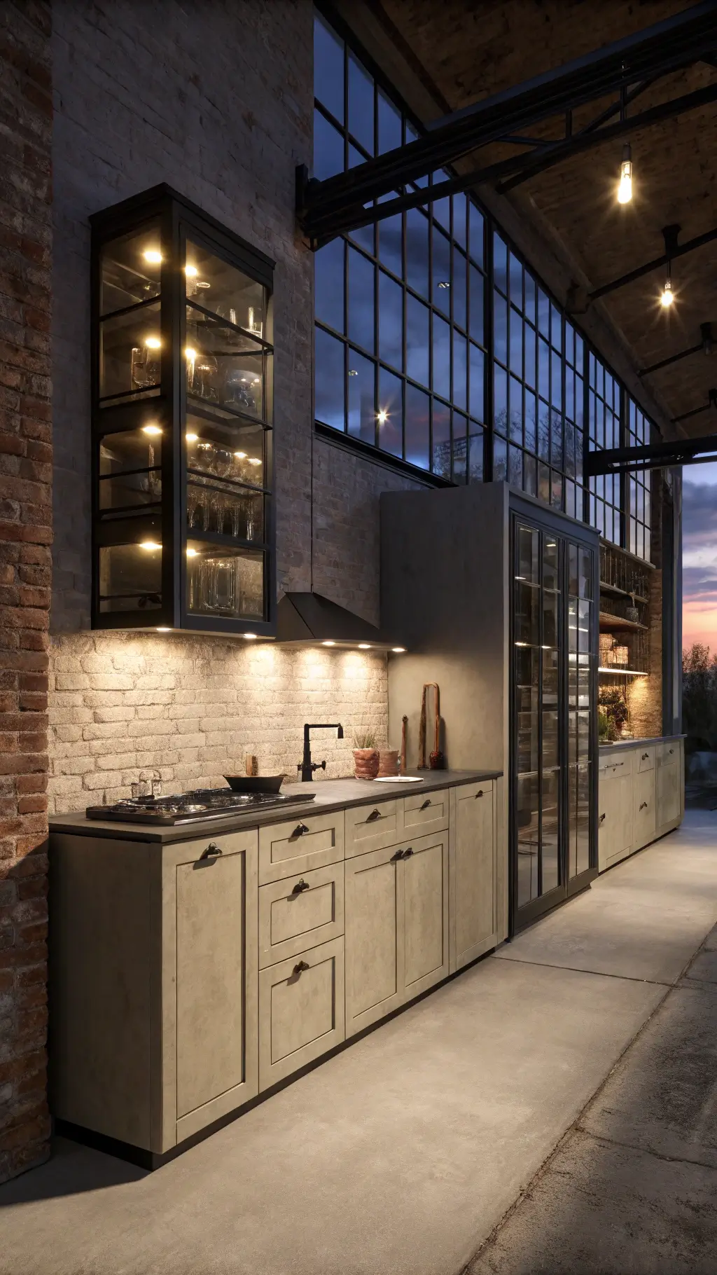 industrial kitchen with greige cabinetry, concrete countertops, open metal shelving, Edison bulb lighting, black steel-framed windows, and exposed brick walls
