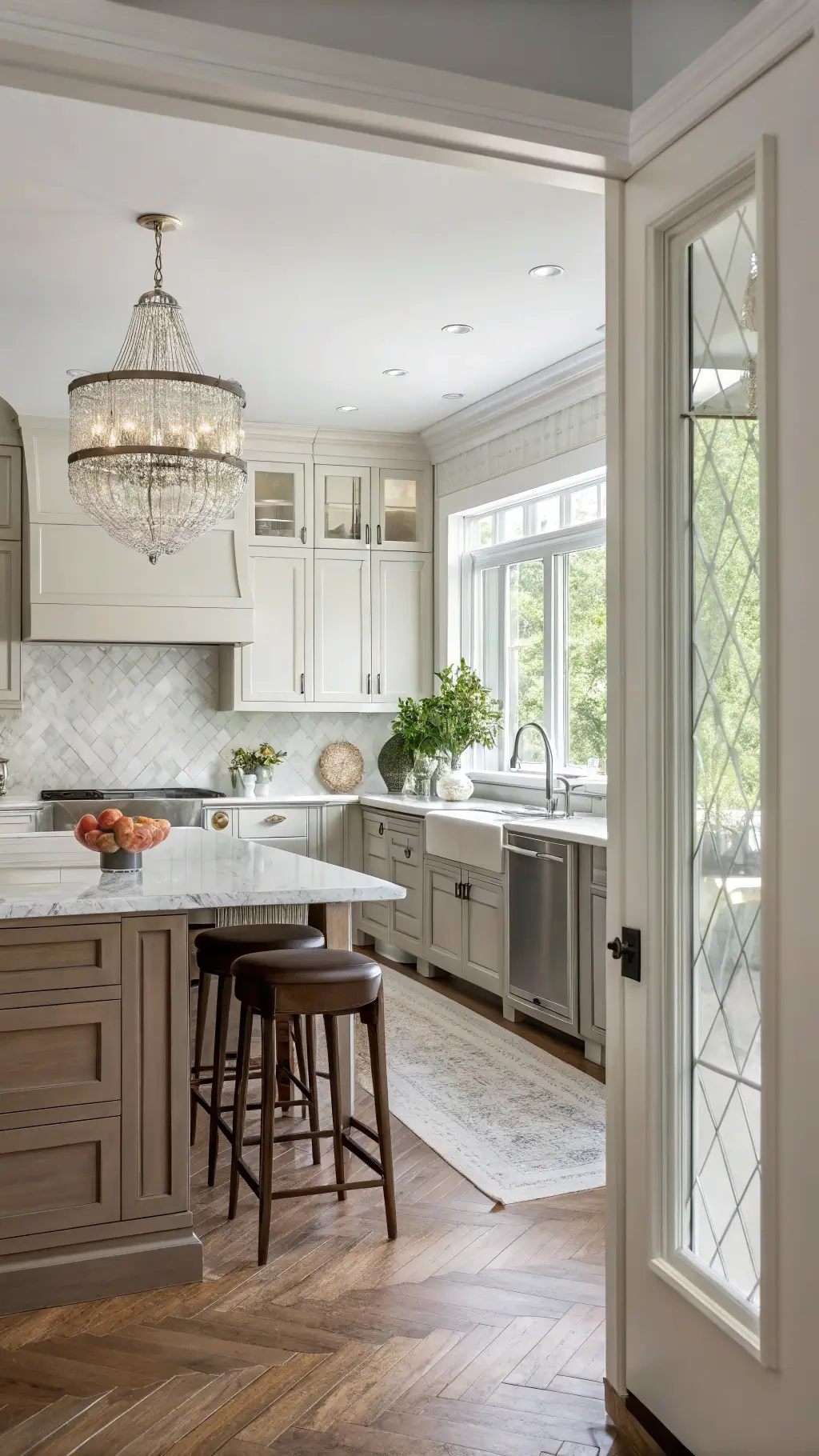 sunlit transitional kitchen with two-tone greige cabinets, herringbone marble backsplash, white oak island with leather barstools, potted herbs on windowsill, and crystal chandelier