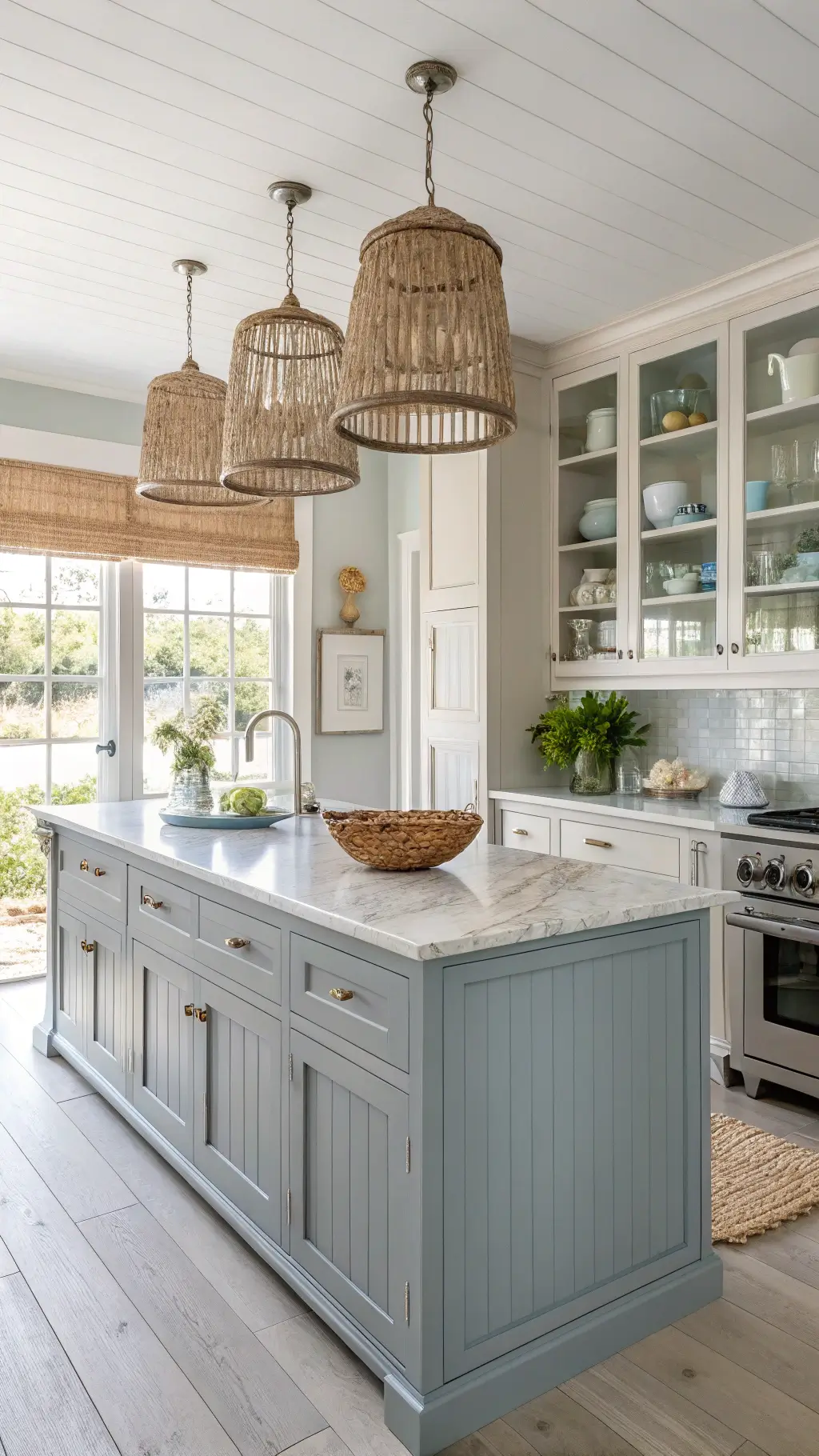 bright coastal-inspired kitchen with greige cabinets, blue-gray island, marble countertop, woven pendant lights, and beach glass collection on open shelves in morning light