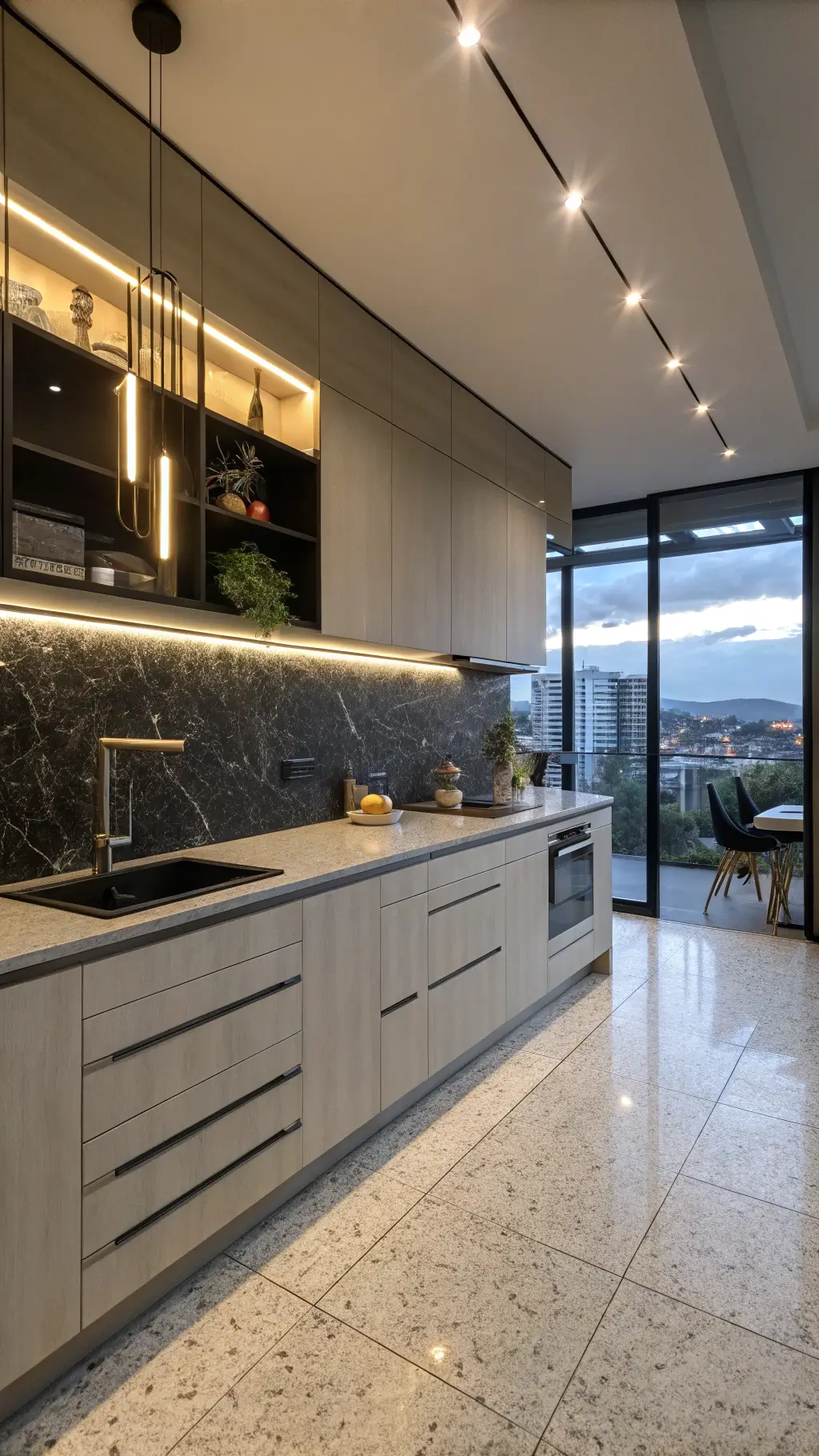 modern open-concept kitchen with greige cabinets, backlit floating shelves, black stone backsplash, linear pendant lighting, terrazzo flooring, and floor-to-ceiling windows with city views