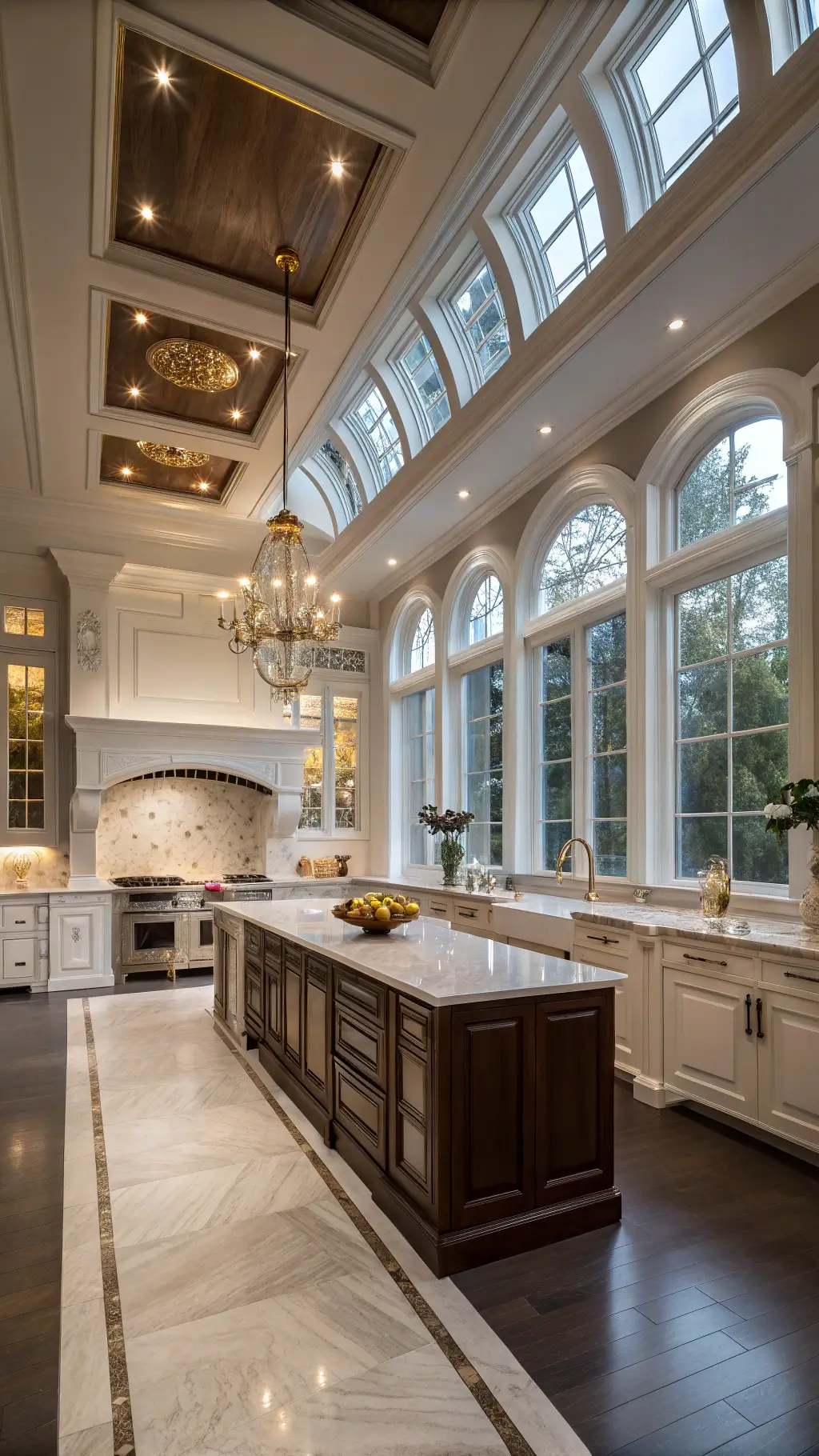 Grand luxury kitchen with coffered ceilings, white and walnut cabinets, marble backsplash, brass fixtures, and metallic accessories illuminated by evening light through arched windows.
