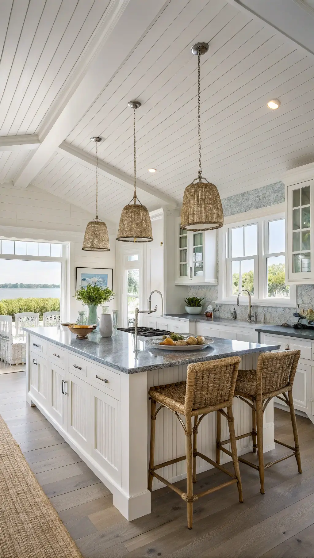 Sunlit coastal kitchen with white shiplap ceiling, beadboard cabinets, teak island, blue-grey granite countertops, rattan pendant lights, and seagrass bar stools, styled ceramics and glass vessels showcasing a beach view.