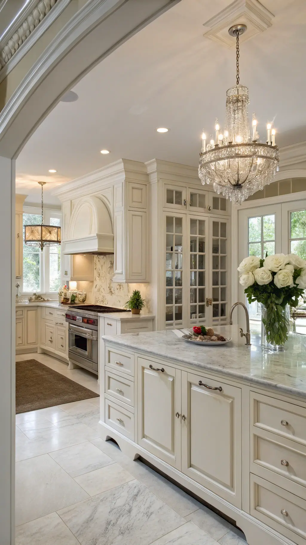 Elegant kitchen with symmetrical design featuring crisp white cabinets, quartersawn oak island, calacatta marble counters, antiqued mirror backsplash, French doors, traditional crown molding, polished nickel hardware, crystal chandelier, and roses in a silver vase centerpiece.