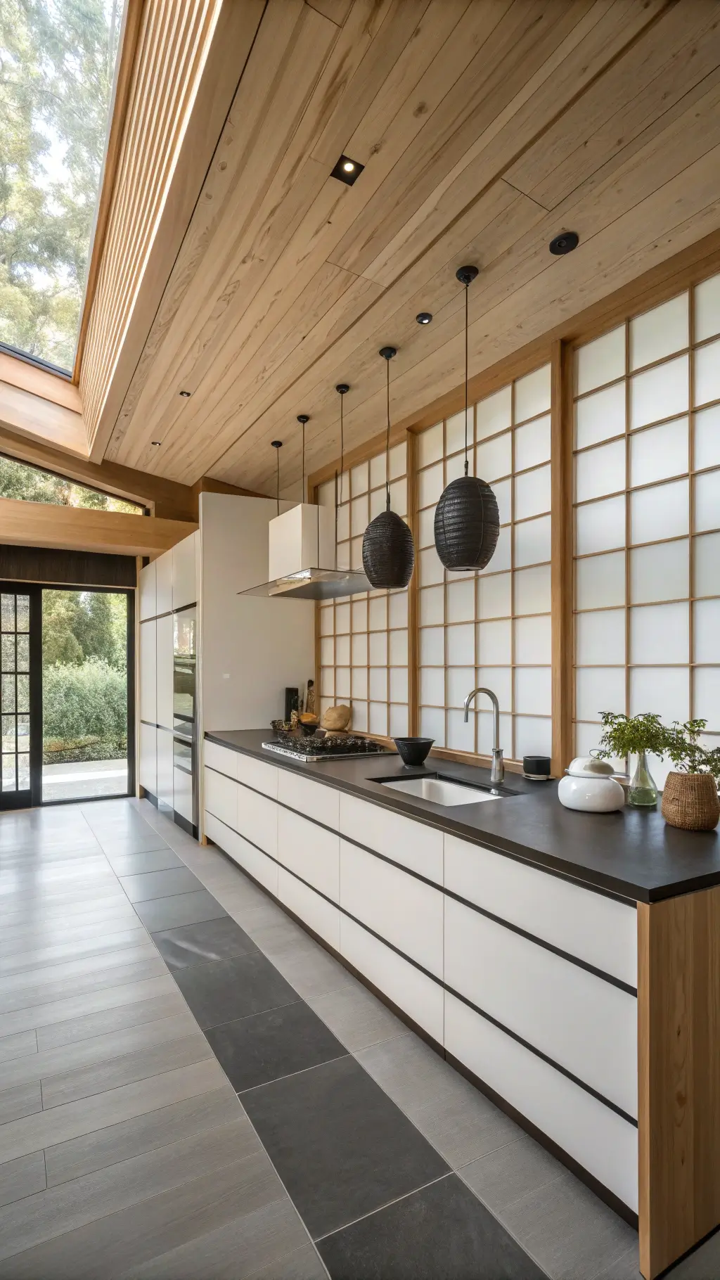 Minimalist Japanese-Nordic fusion kitchen with white cabinets, black soapstone counters, pale ash flooring, bamboo accessories, and a floating cedar ceiling detail.