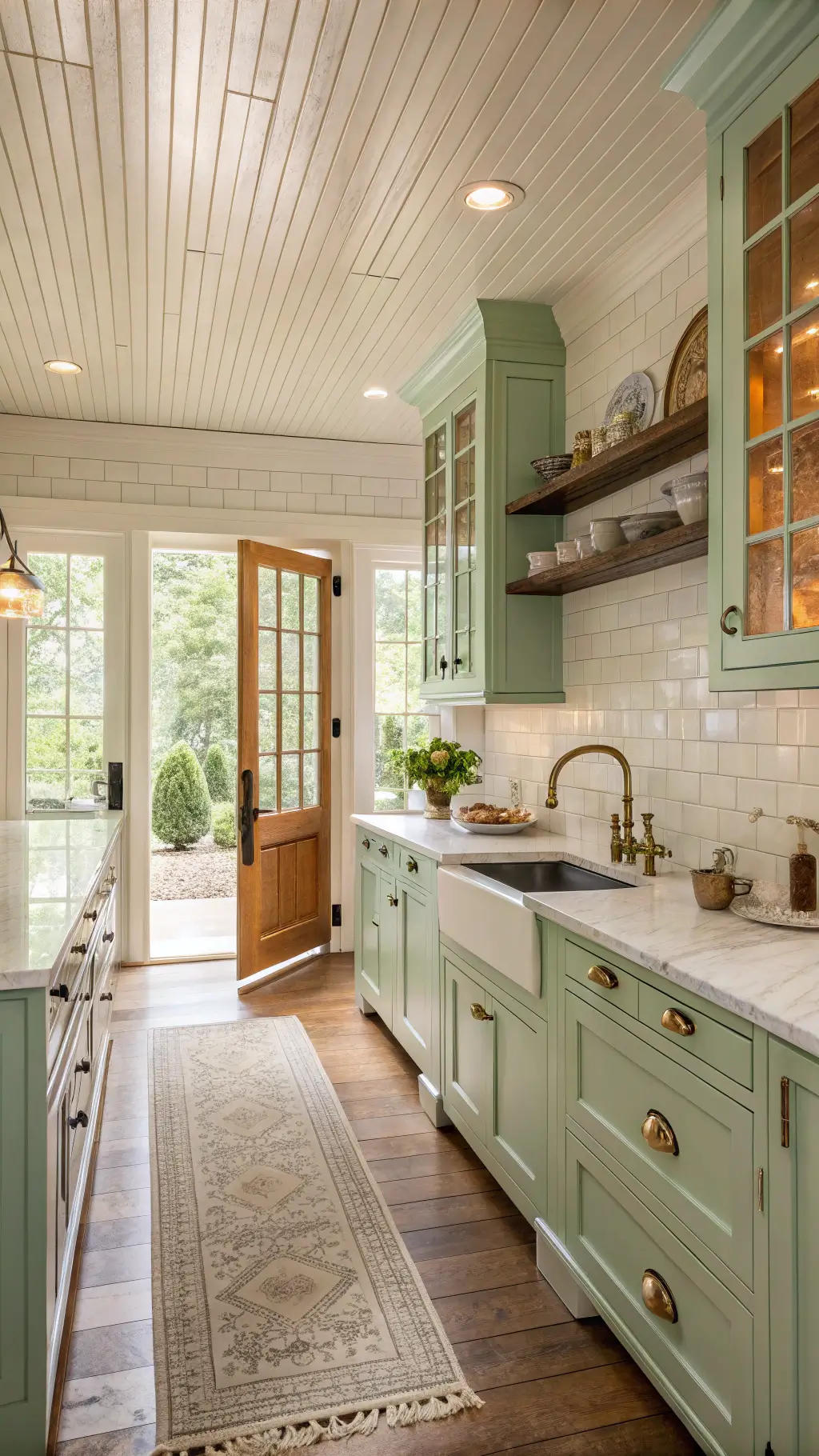 Spacious traditional kitchen with mint green shaker cabinets, cream subway tile backsplash, beadboard ceiling, farmhouse sink, marble counters, vintage runner, and natural wood open shelving displaying pottery, in soft late afternoon light filtering through French doors.