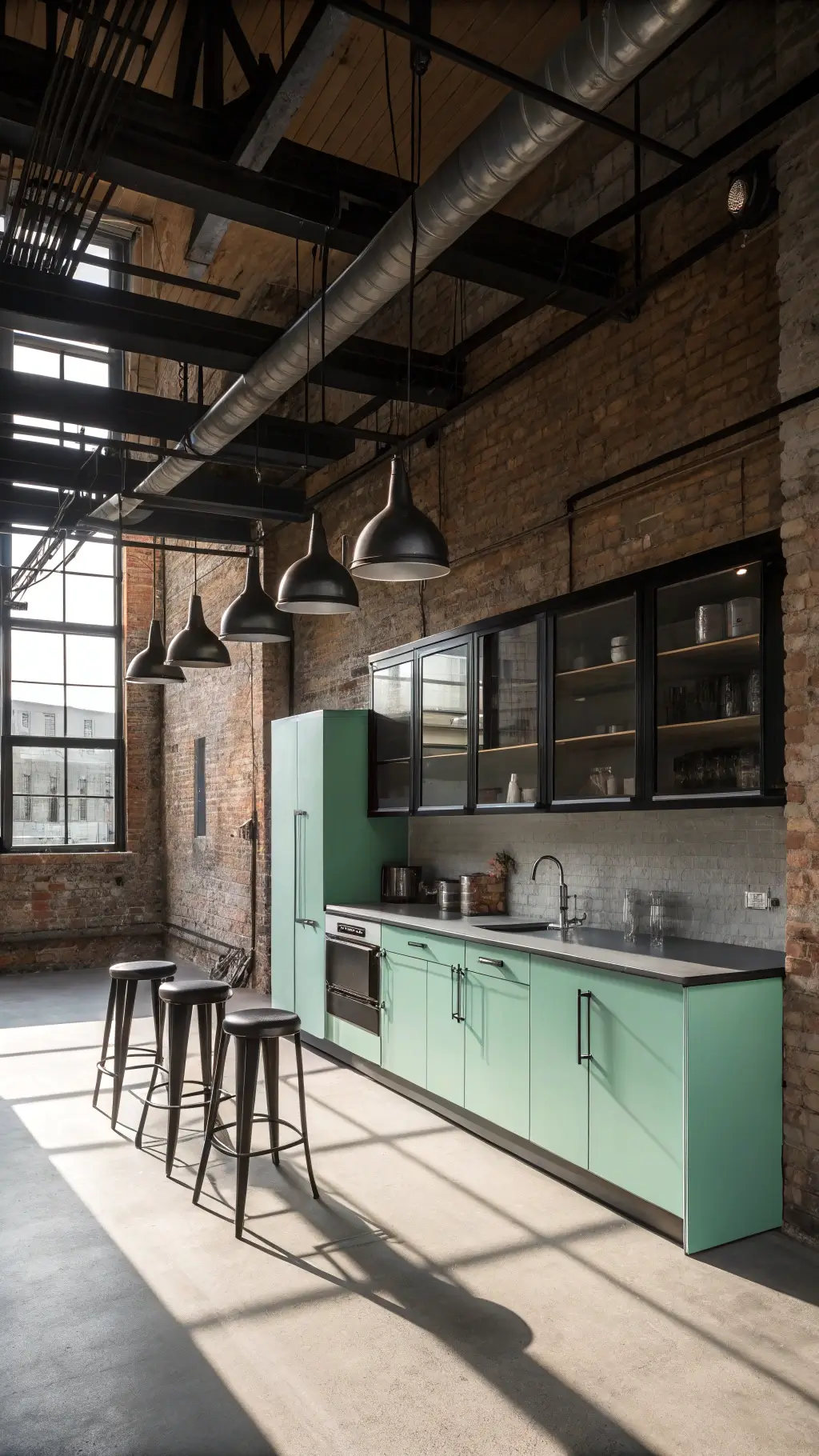 Industrial loft kitchen with mint green cabinets, stainless steel shelving, and exposed brick walls illuminated by morning light pendant lights