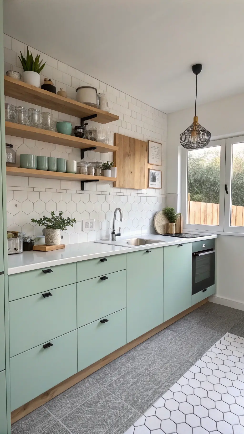 Scandinavian-inspired compact kitchen with mint cabinets, white uppers, birch wood open shelves and geometric pendant light casting shadows on gray hexagon floor tiles