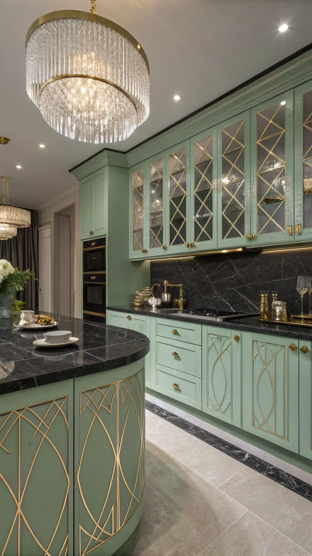 Sophisticated Art Deco kitchen with mint green cabinets, black marble counters, gold hardware, crystal chandelier, and curved breakfast bar styled with vintage barware and mirrors in the evening light.