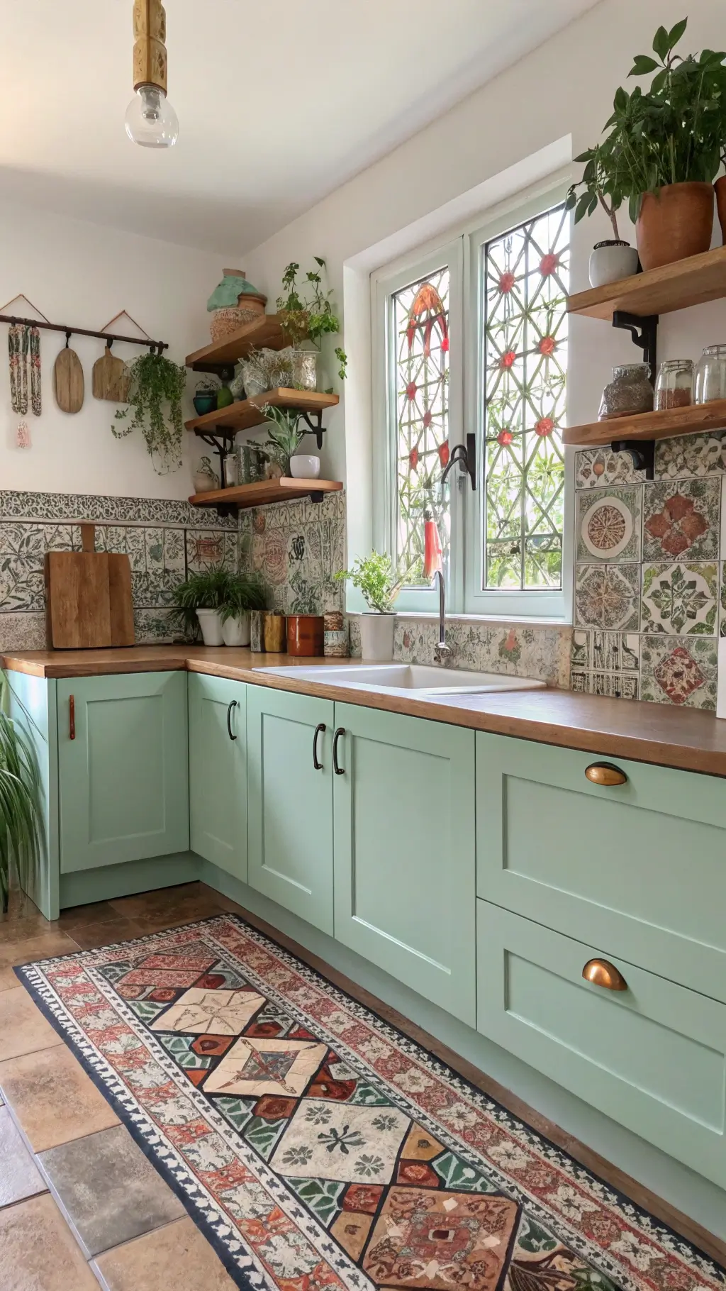 Bohemian-style kitchen with mint green cabinets, wooden shelves, colorful Moroccan tile backsplash, copper accents, macramé plant hangers, and vintage kilim runner, illuminated by mid-morning light through a stained glass window