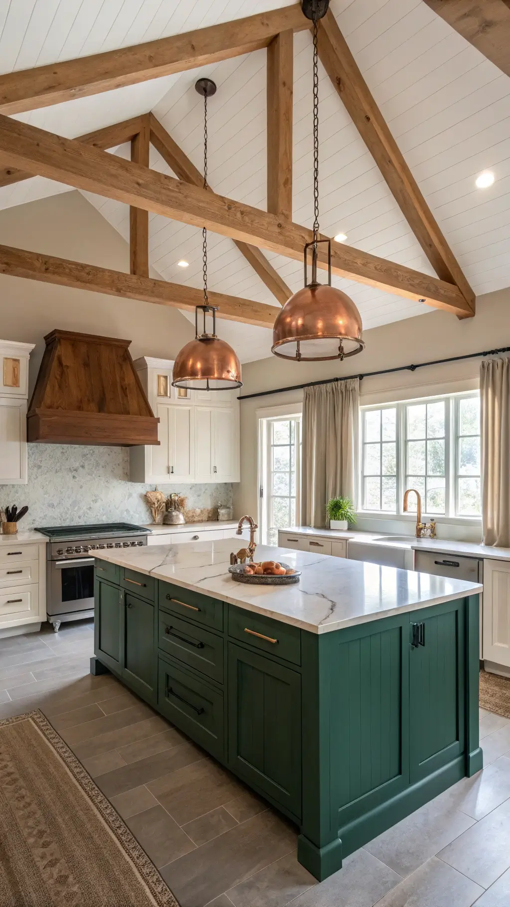 modern farmhouse kitchen with emerald green and cream cabinets, wooden beams, large copper pendant lights over marble island, captured in soft natural light