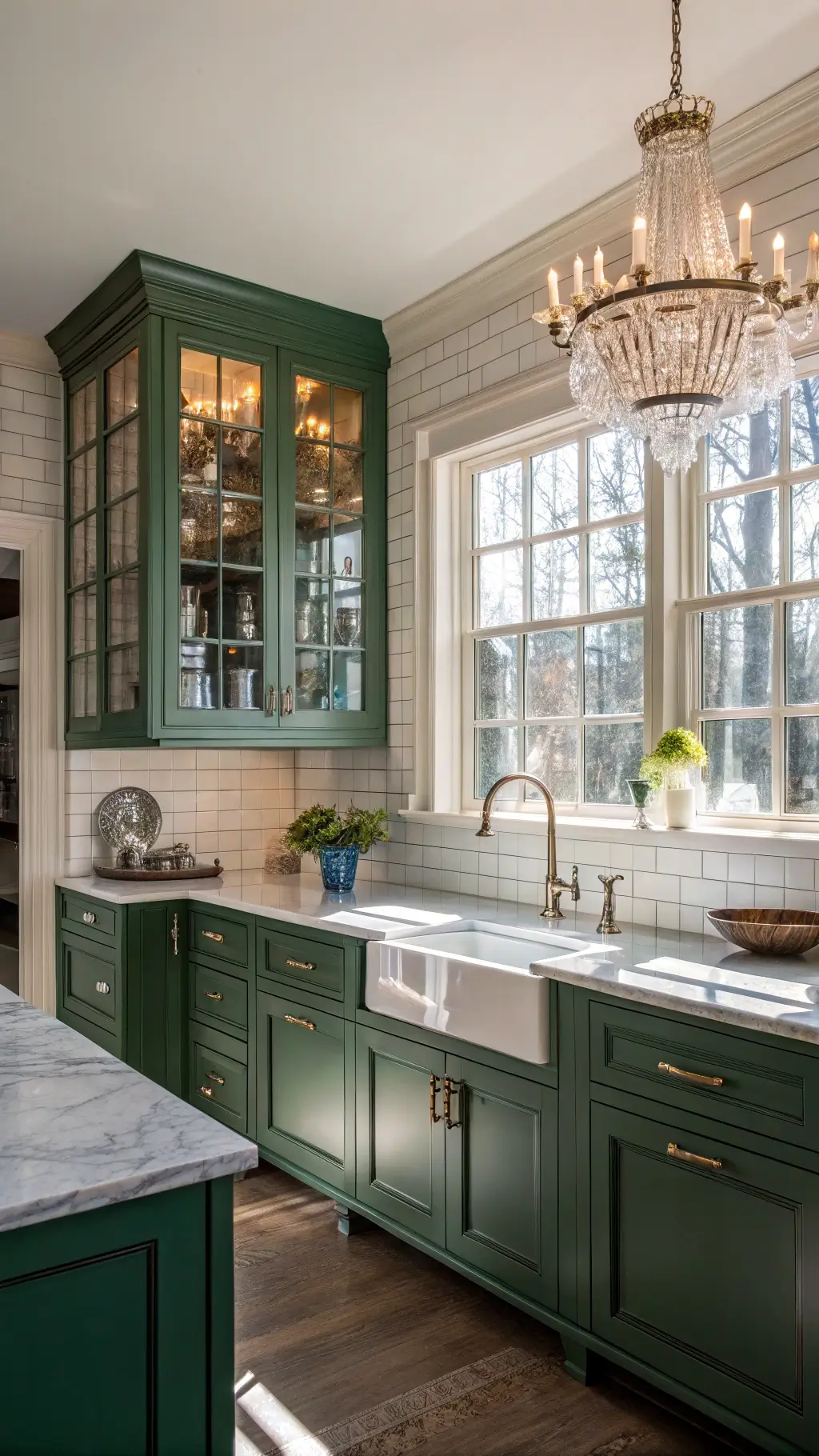 traditional kitchen with emerald green cabinets, antique marble island under a crystal chandelier, polished nickel hardware and bridge faucet subway tile backsplash in morning light.