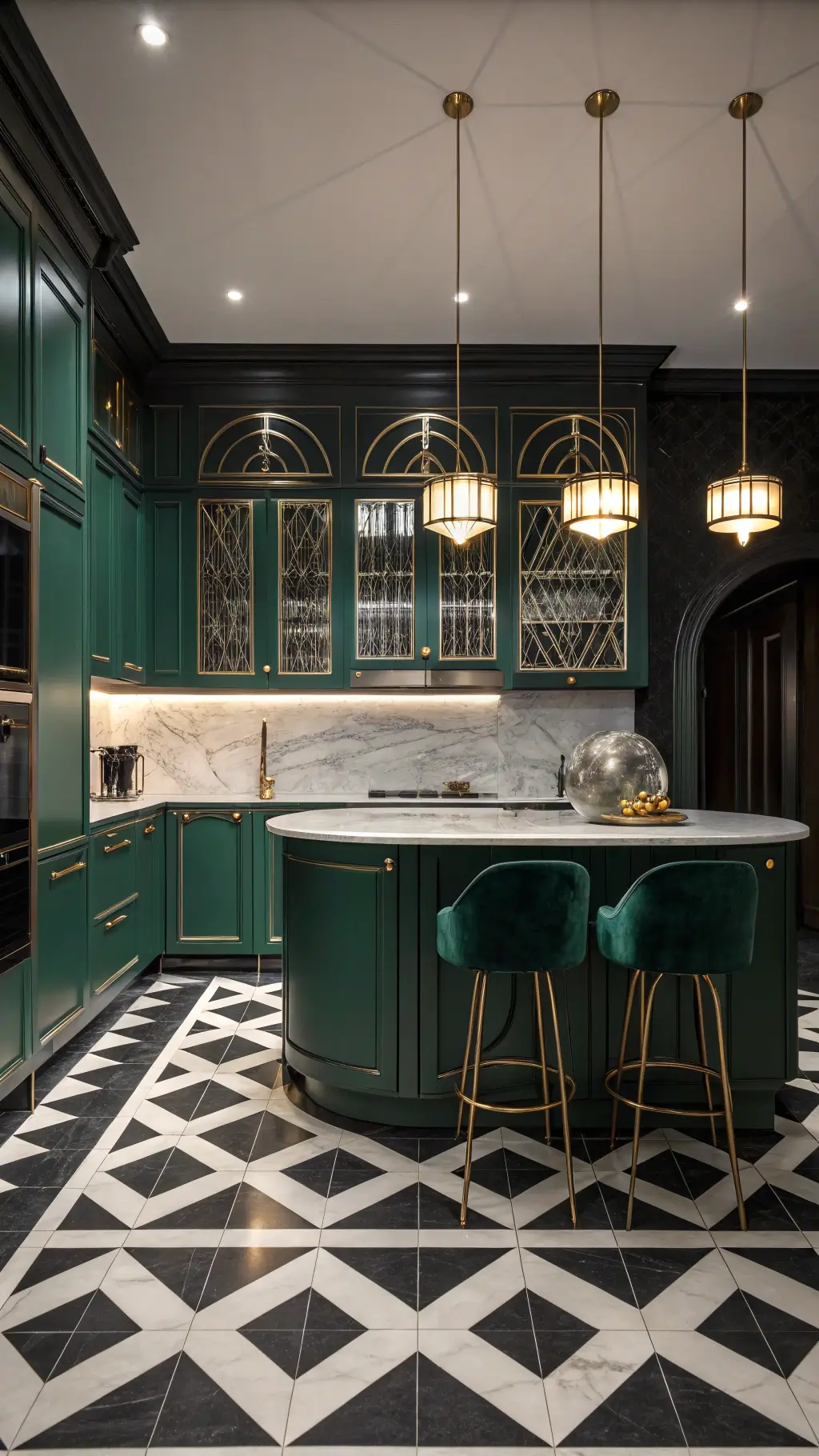 art deco inspired kitchen at night featuring emerald green cabinets with brass inlays, black and white checkered floor, curved breakfast bar velvet stools lit by dramatic globe pendants, shot in symmetrical composition artificial lighting