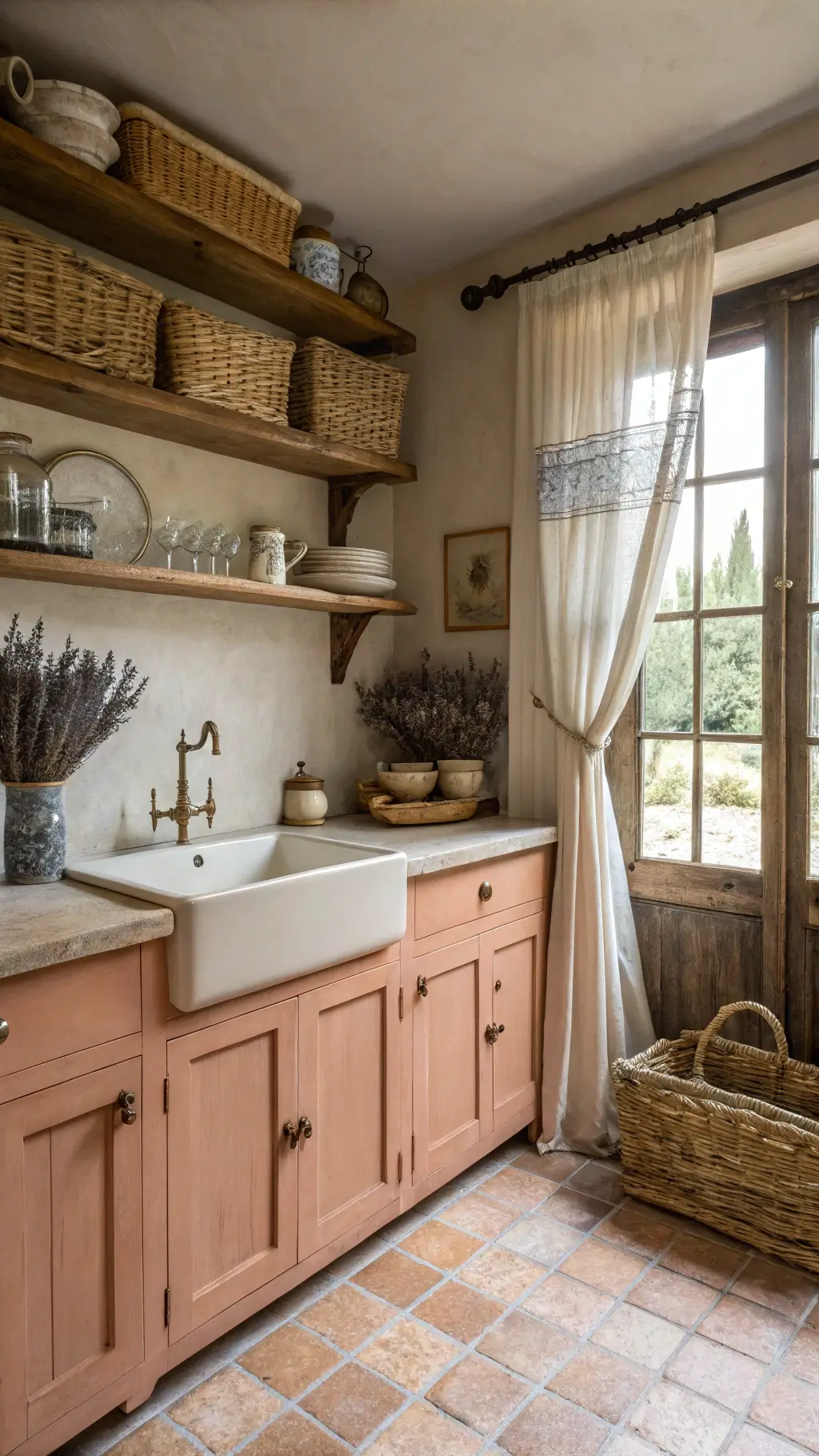 Rustic farmhouse kitchen with distressed terracotta cabinets, butcher block counters, open shelves with vintage crockery and dried lavender