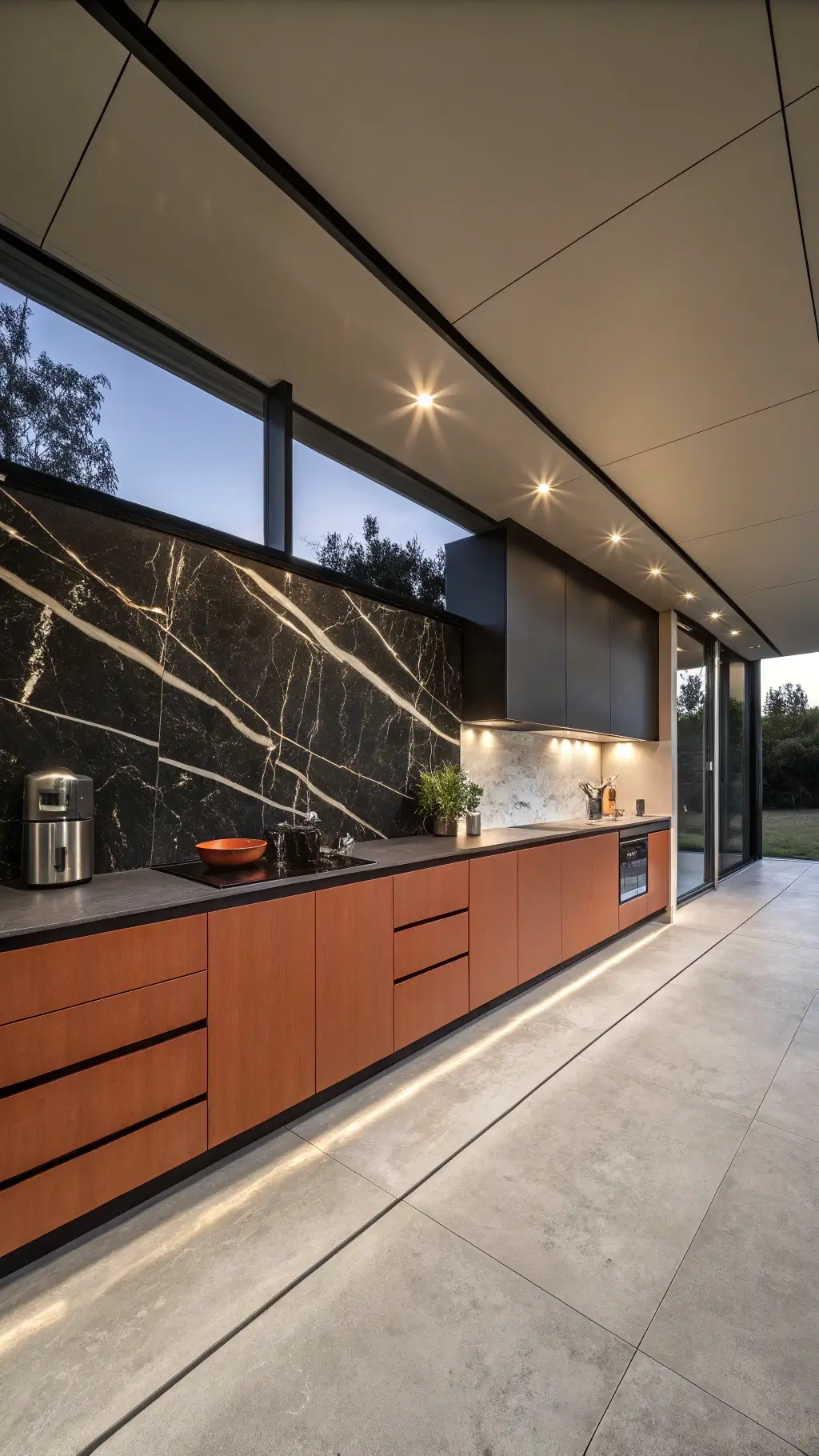 Contemporary open kitchen with terracotta cabinets, black stone backsplash, concrete flooring, and accent lighting