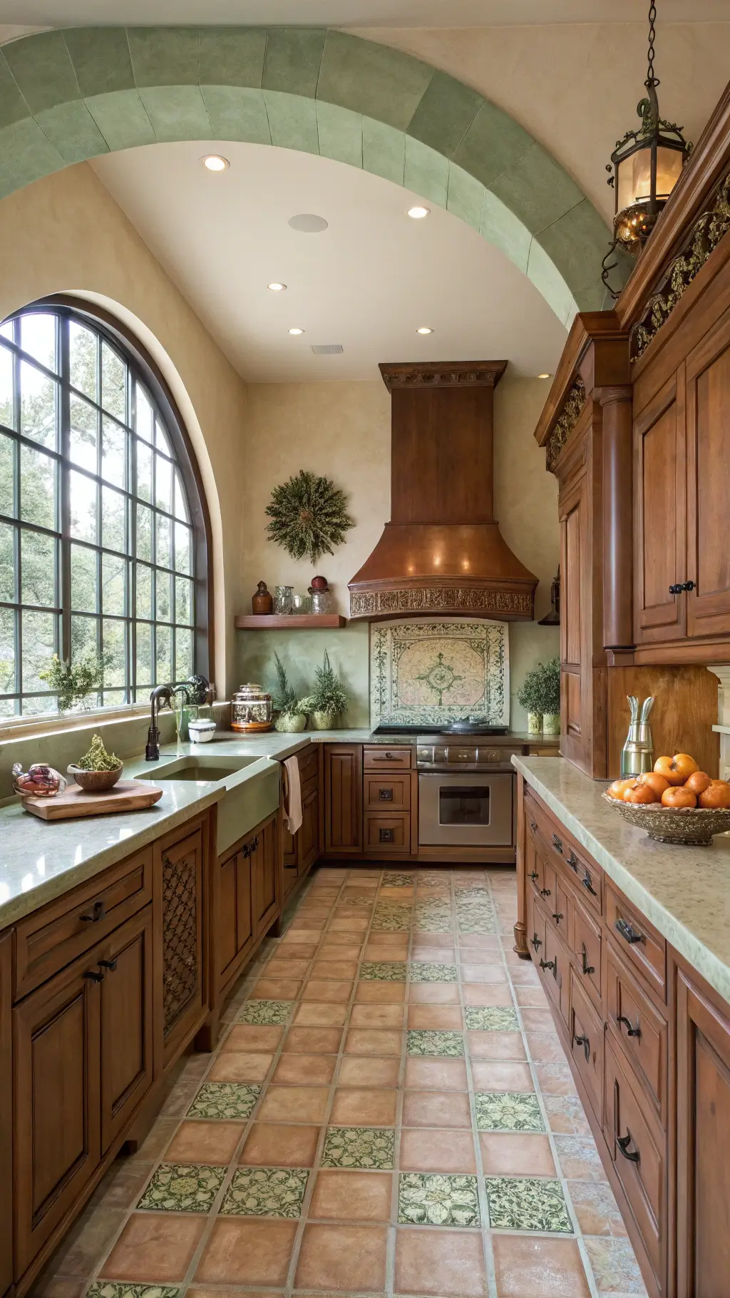 Mediterranean kitchen with terracotta cabinets, sage green and cream cement tiles, copper range hood, and natural light