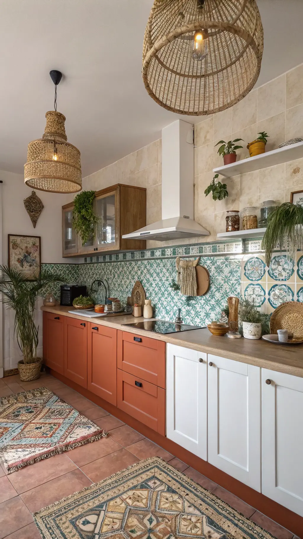 Bohemian kitchen with terracotta and white cabinets, Moroccan tile backsplash, rattan lighting, and eclectic brass decor