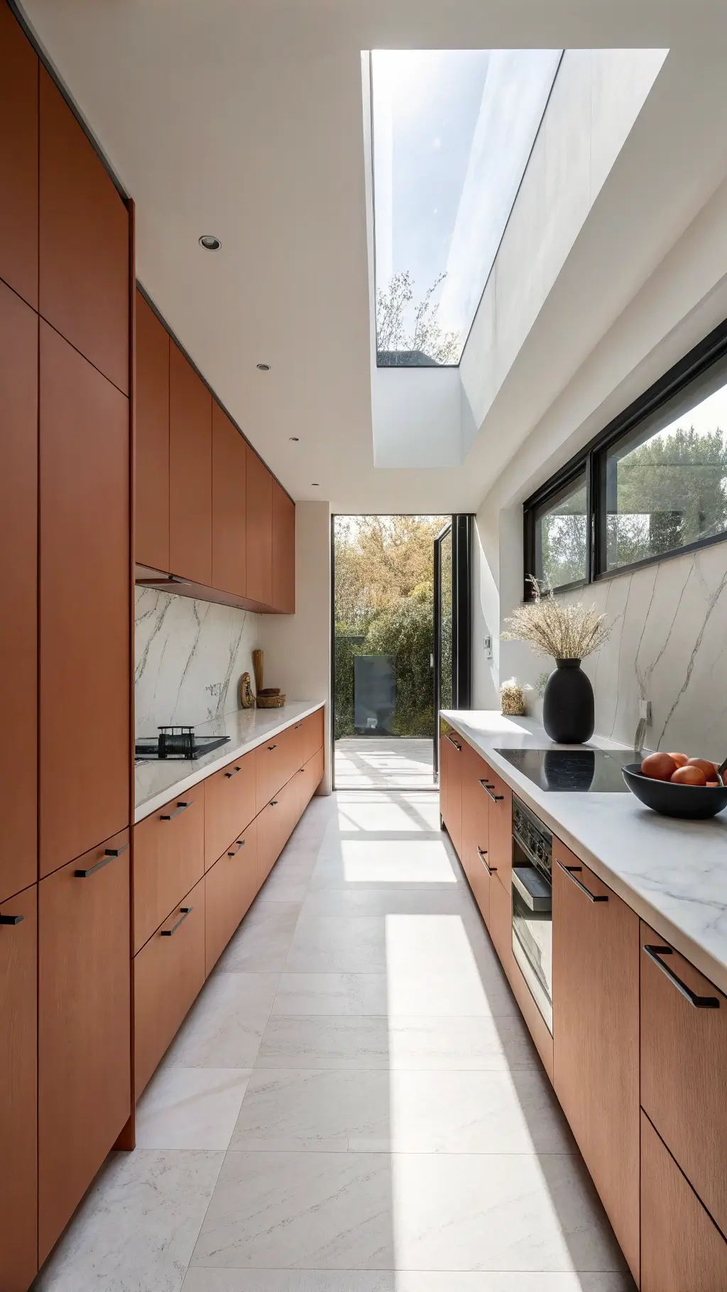 Minimalist galley kitchen with terracotta cabinets, white marble countertops, natural skylight, and black ceramic vase