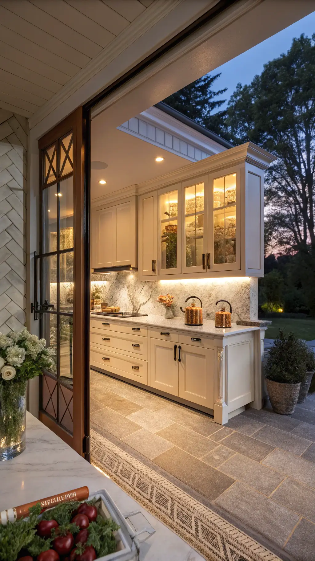 Transitional kitchen with two-tone terracotta and cream shaker cabinets, marble backsplash, mixed metal hardware, ambient lighting