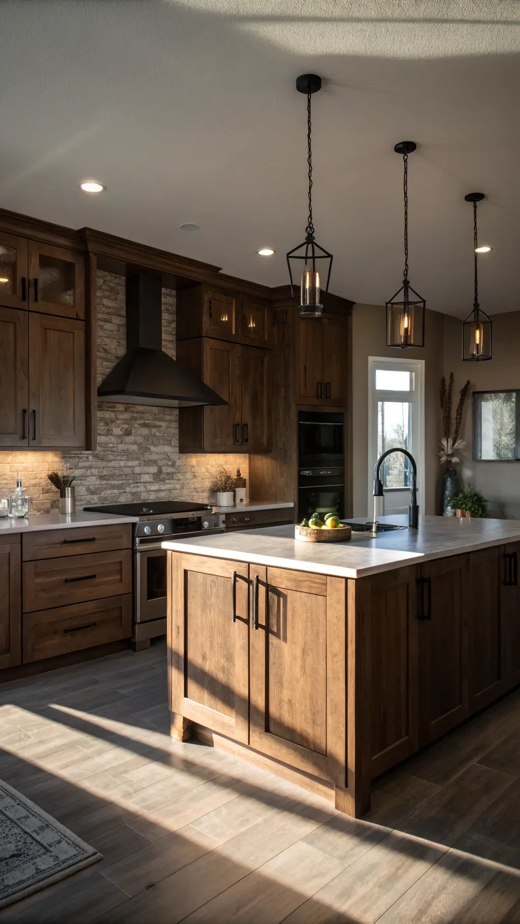 intimate kitchen bathed in golden hour light, showcasing custom hickory cabinets walnut stain, minimalist waterfall edge quartz countertop island, and matte black fixtures, styled contemporary design with understated lighting.