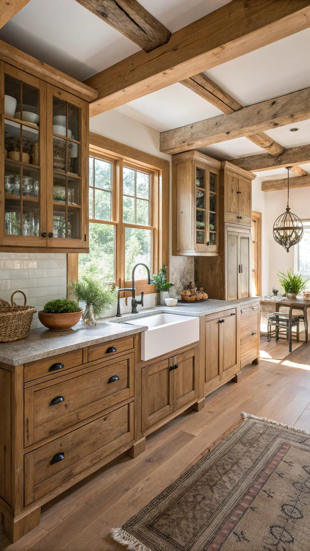 sunlit country kitchen with knotty hickory cabinets, exposed ceiling beams, hardwood floors, farmhouse sink under a window, vintage copper fixtures, and glass-front upper cabinets filled pottery. features rustic decorations such as fresh herbs, woven baskets, antique cookware.