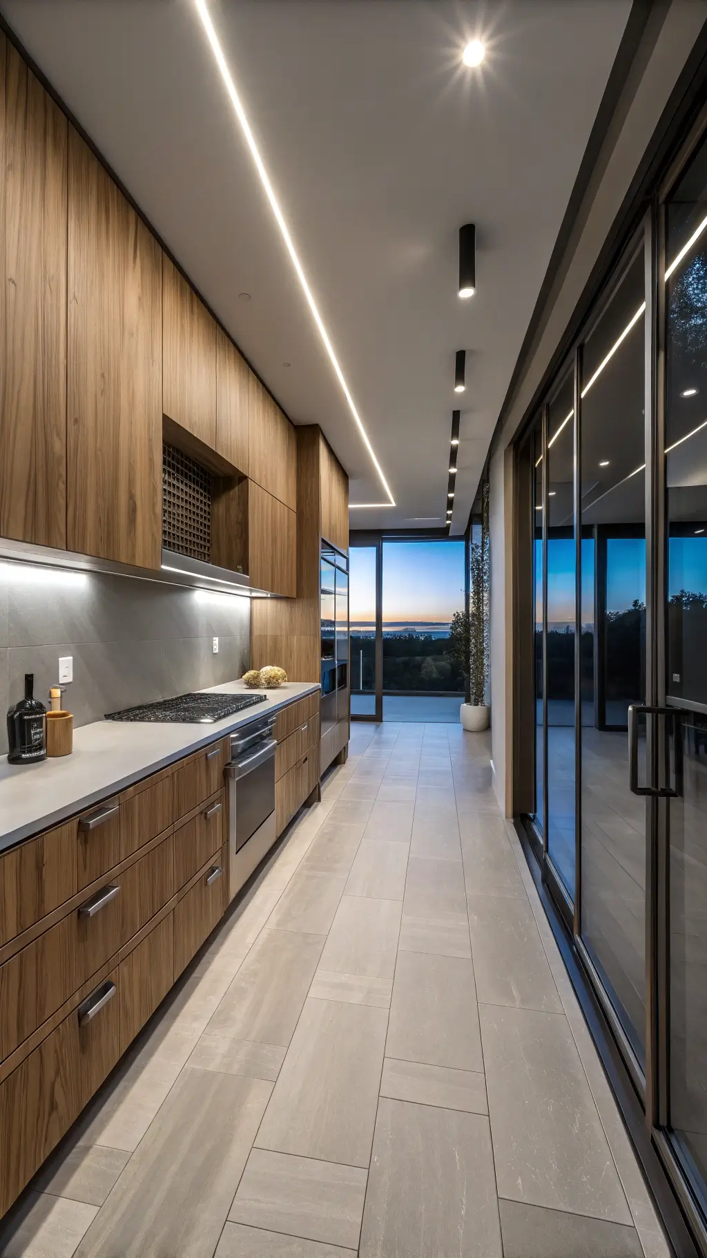 modern minimalist galley kitchen with sleek hickory cabinets, integrated appliances, and sophisticated led lighting during blue hour