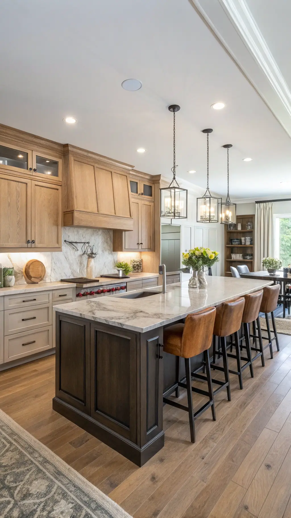 open-concept kitchen with two-tone hickory cabinets, large island barstools, marble backsplash, and curated decor viewed from the adjoining living space during midday.