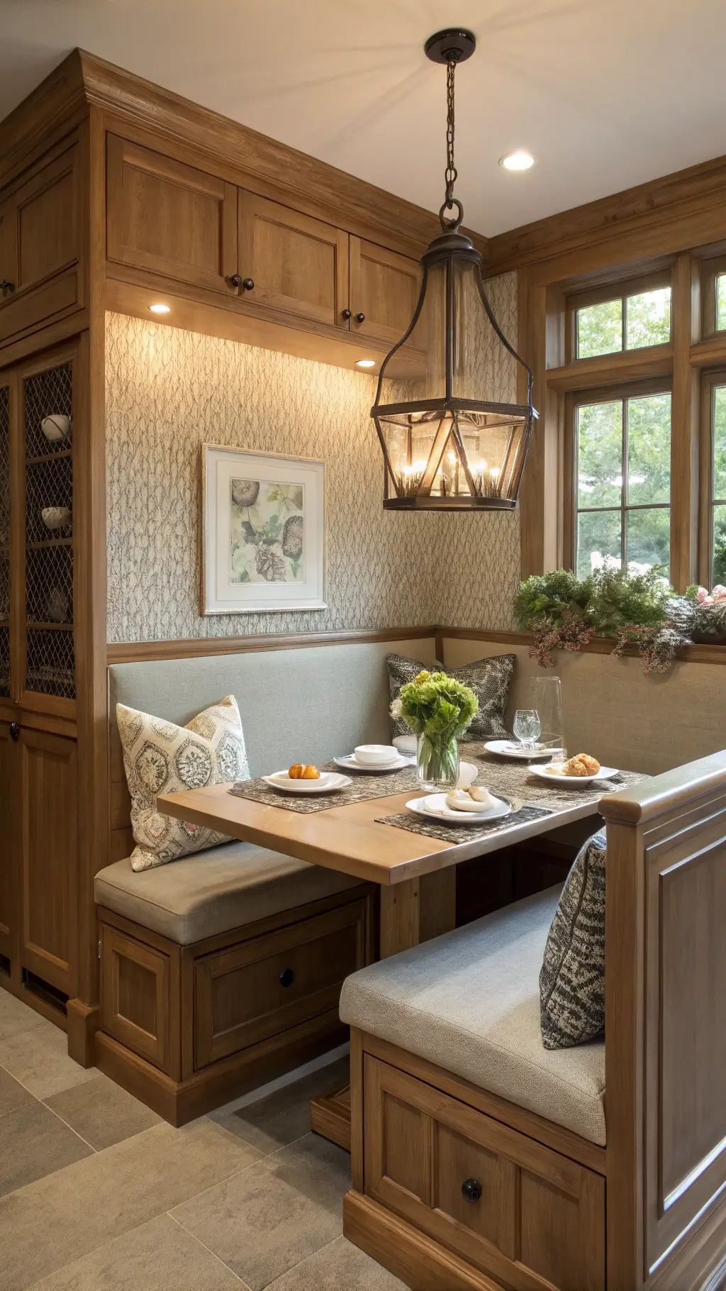 Close-up of a cozy 8x10ft breakfast nook at dawn featuring built-in hickory cabinetry, banquette seating with storage, textured grasscloth wallpaper, vintage pendant light; styled with soft textiles, inherited china, and fresh flowers.