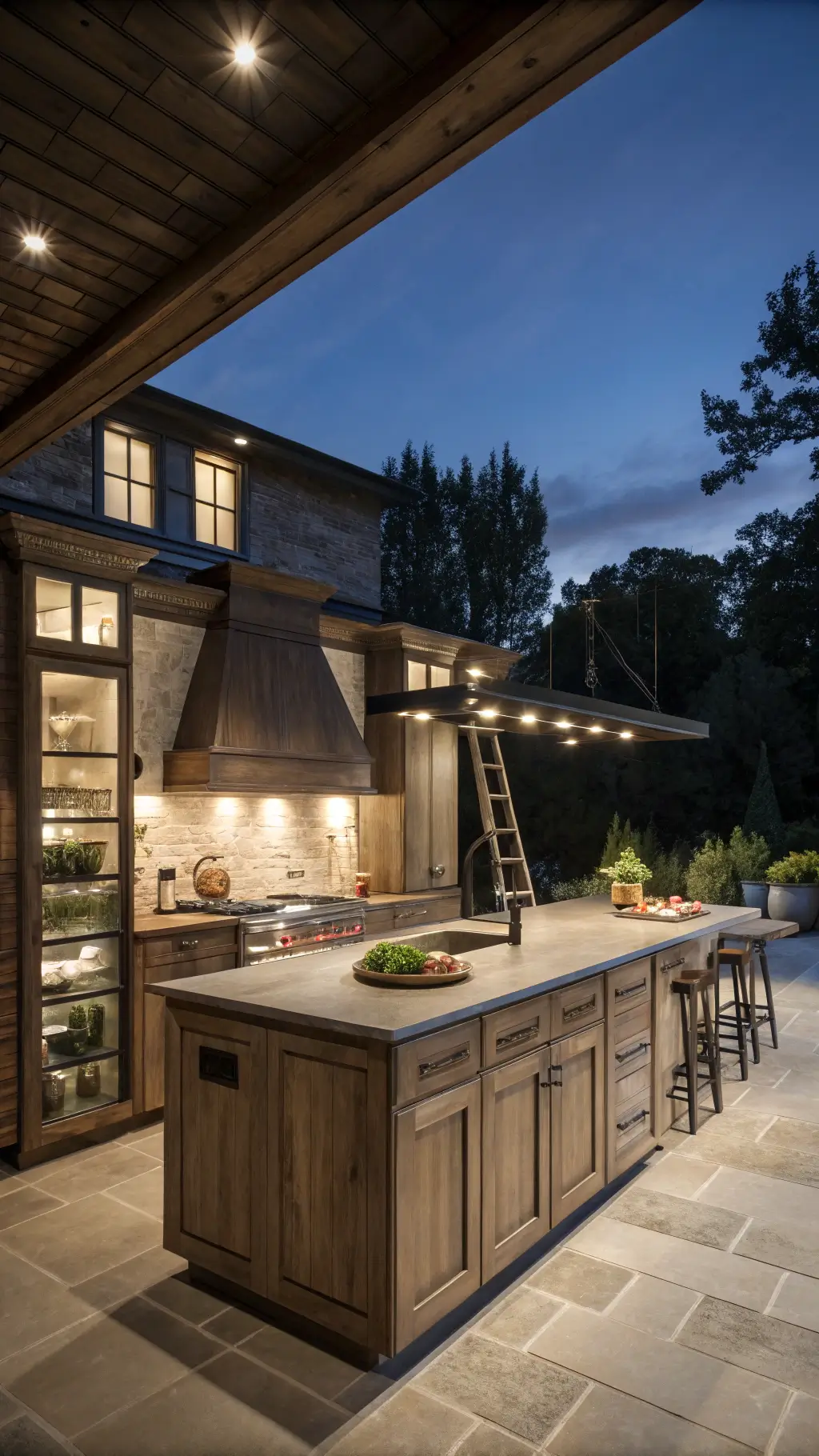 overhead view of a professional-grade kitchen with hickory cabinetry, industrial-style island, built-in cooktop, pantry wall rolling ladder, uplighting, task lighting and styled professional cookware, an herb garden, artisanal ingredients in moody evening atmosphere.