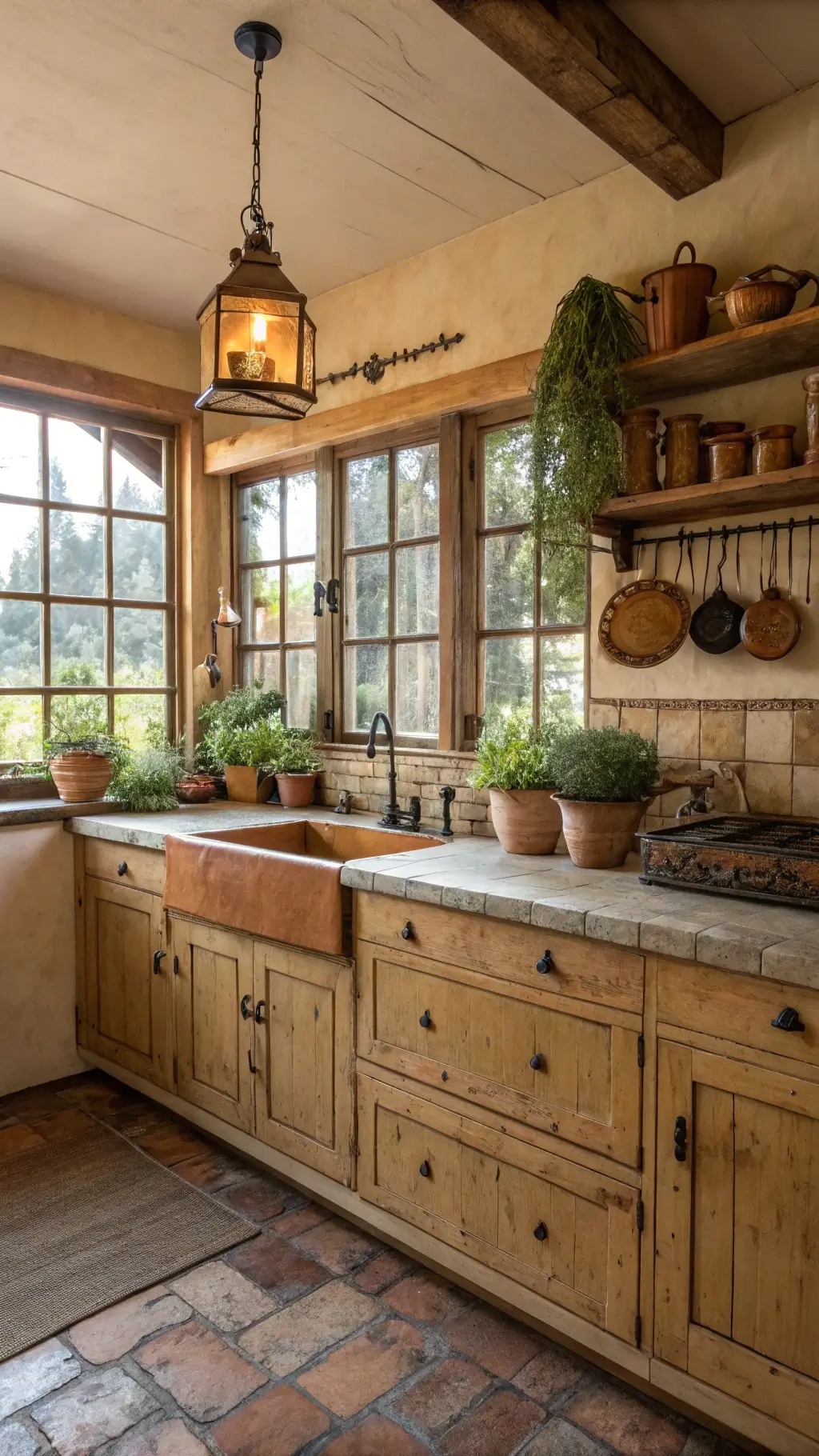 Cozy cottage kitchen with honey-toned pine cabinets, cement tile backsplash, vintage pendant lights, fresh herbs on window sill, and copper pots on iron rack, bathed in soft afternoon sunlight