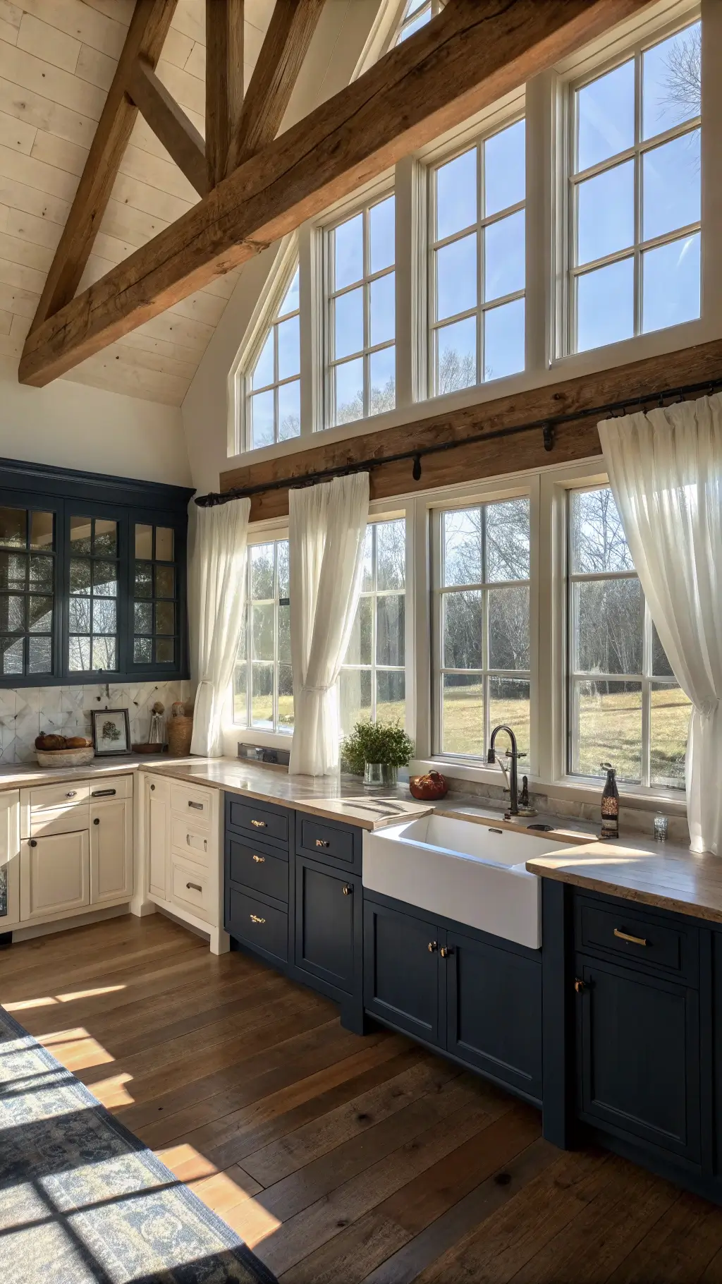Sunlit open-plan kitchen with navy lower cabinets, cream upper cabinets, stone farmhouse sink, exposed wooden beams, and linen-draped windows