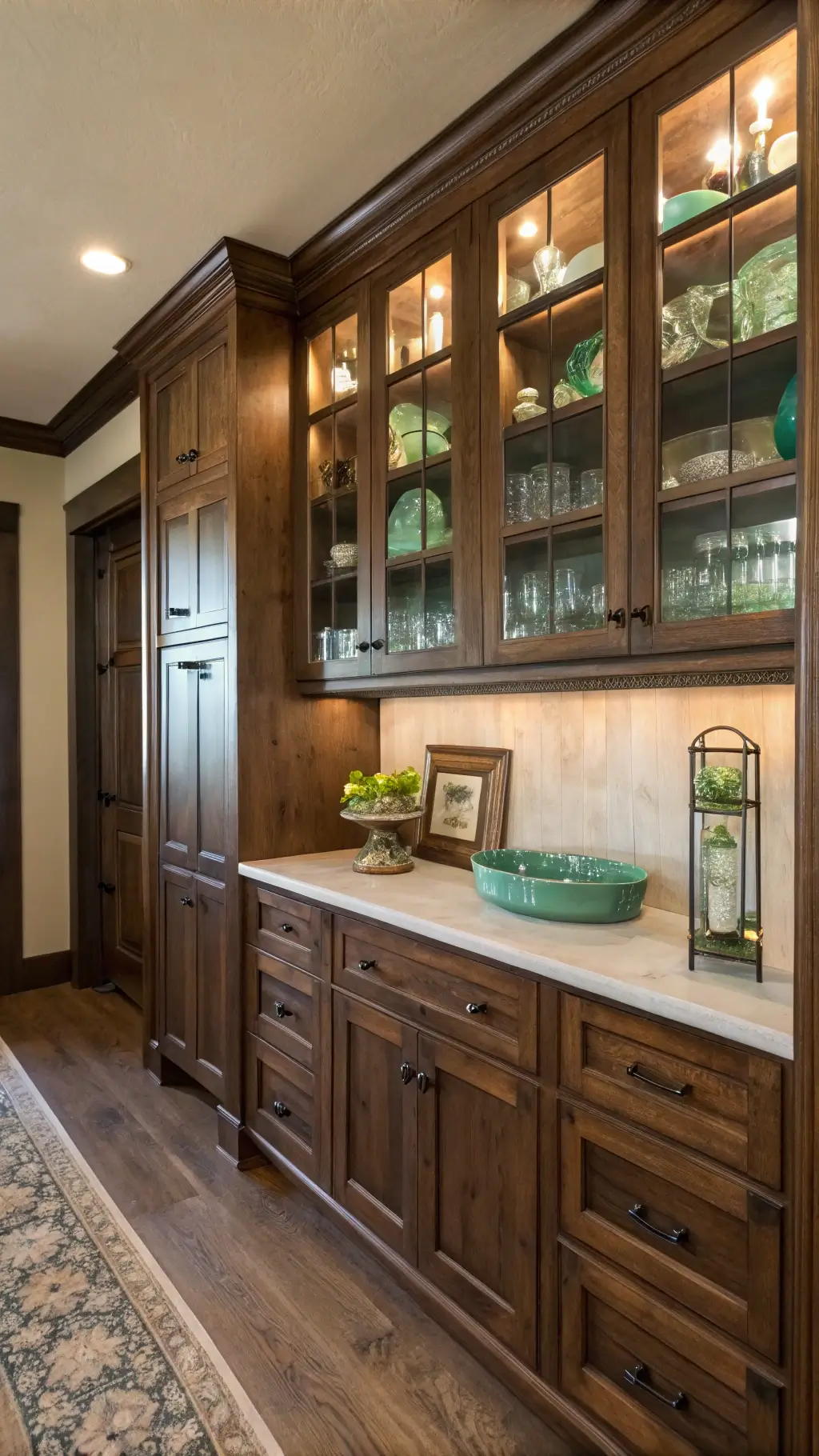 Cozy butler's pantry featuring rustic alder cabinets, vintage jadeite display, and warm ambient lighting