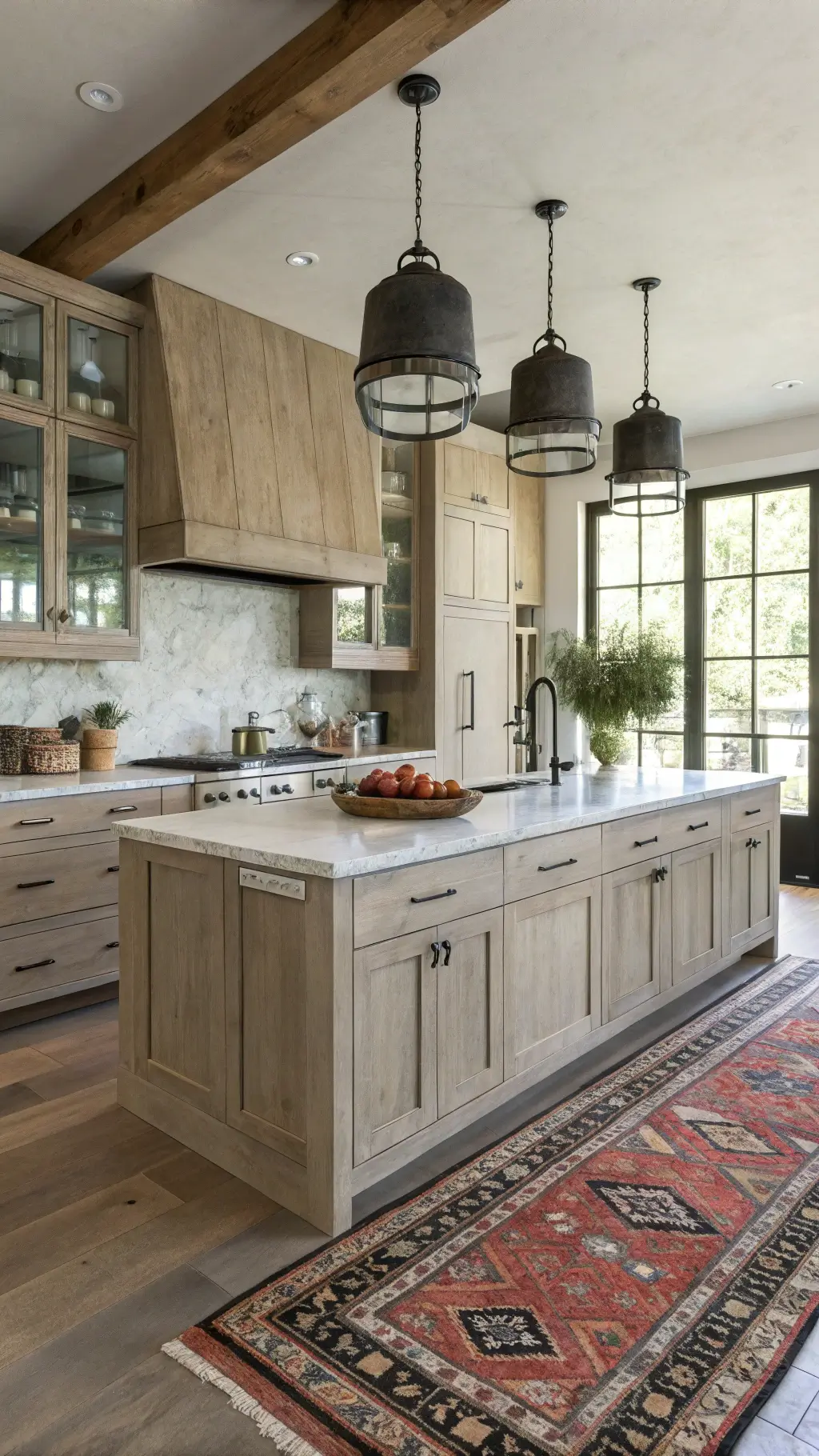 Modern rustic kitchen with pickled oak cabinets, marble waterfall island, vintage rug, ceramic vessels, and oversized industrial pendants, illuminated by natural and practical lighting