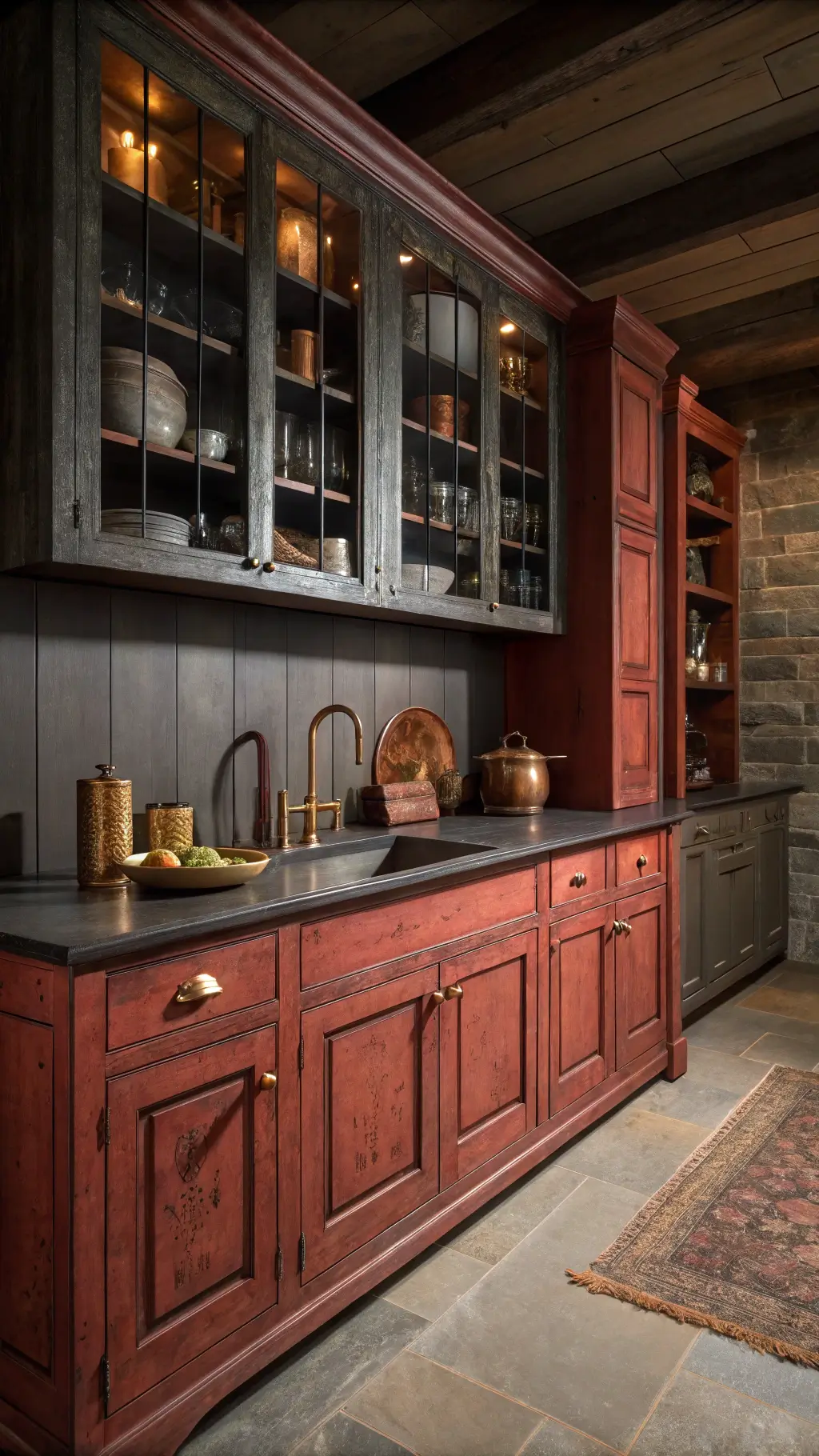 Moody evening kitchen scene with distressed red cabinets, soapstone countertops, ironstone collection on open shelves, vintage copper and brass accents, dramatic shadows highlighting cabinet patina