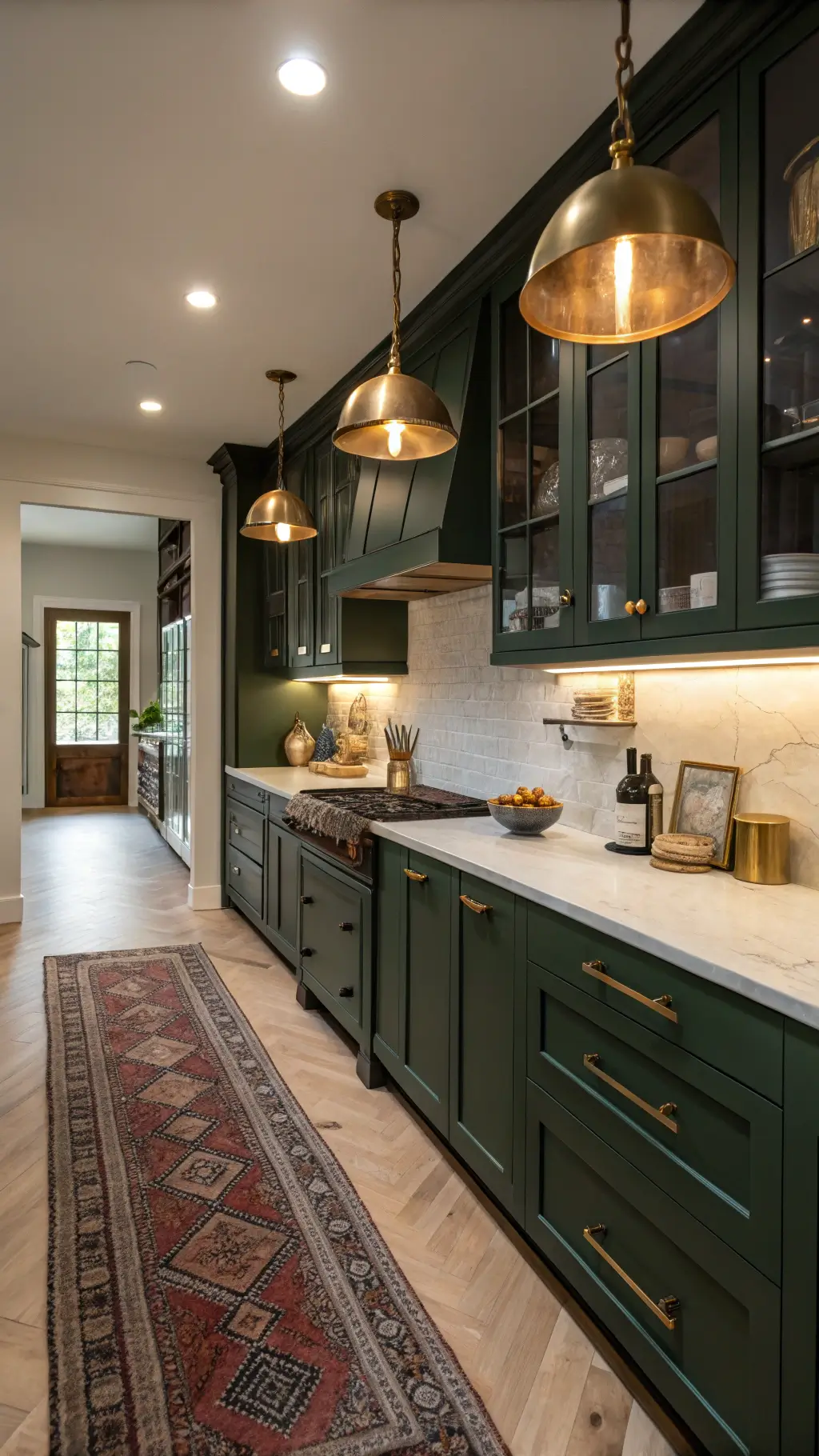cozy kitchen with forest green cabinets, white oak herringbone flooring, artisanal ceramics on open shelving, brass pendant lighting, and a Persian rug with jewel tones