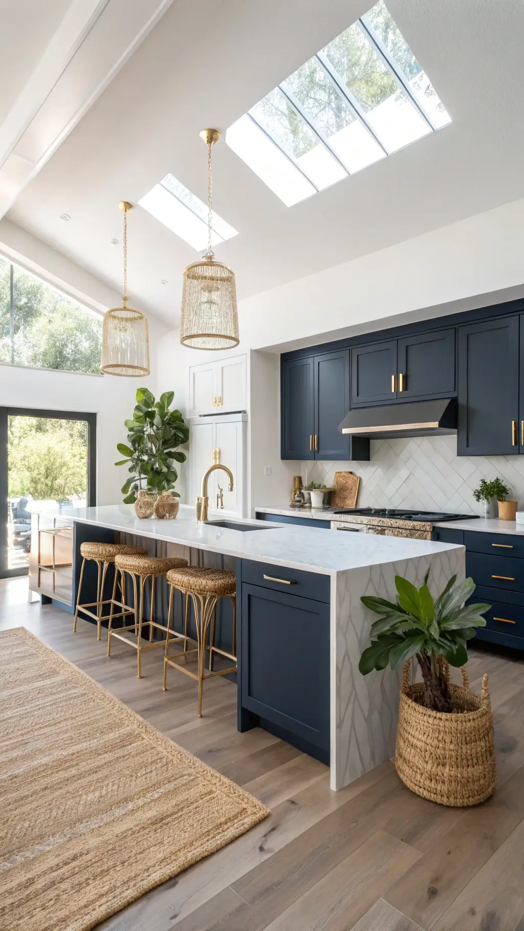 bright kitchen with navy shaker cabinets, white quartz countertops, brushed gold handles, large island with rattan stools, and a fiddle leaf fig plant