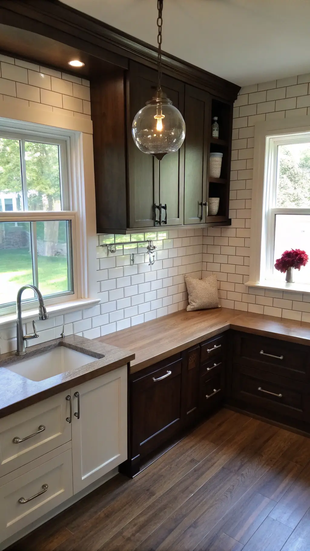 intimate kitchen corner with espresso cabinets, butcher block counters, white subway tile backsplash, and soft glass pendant lighting