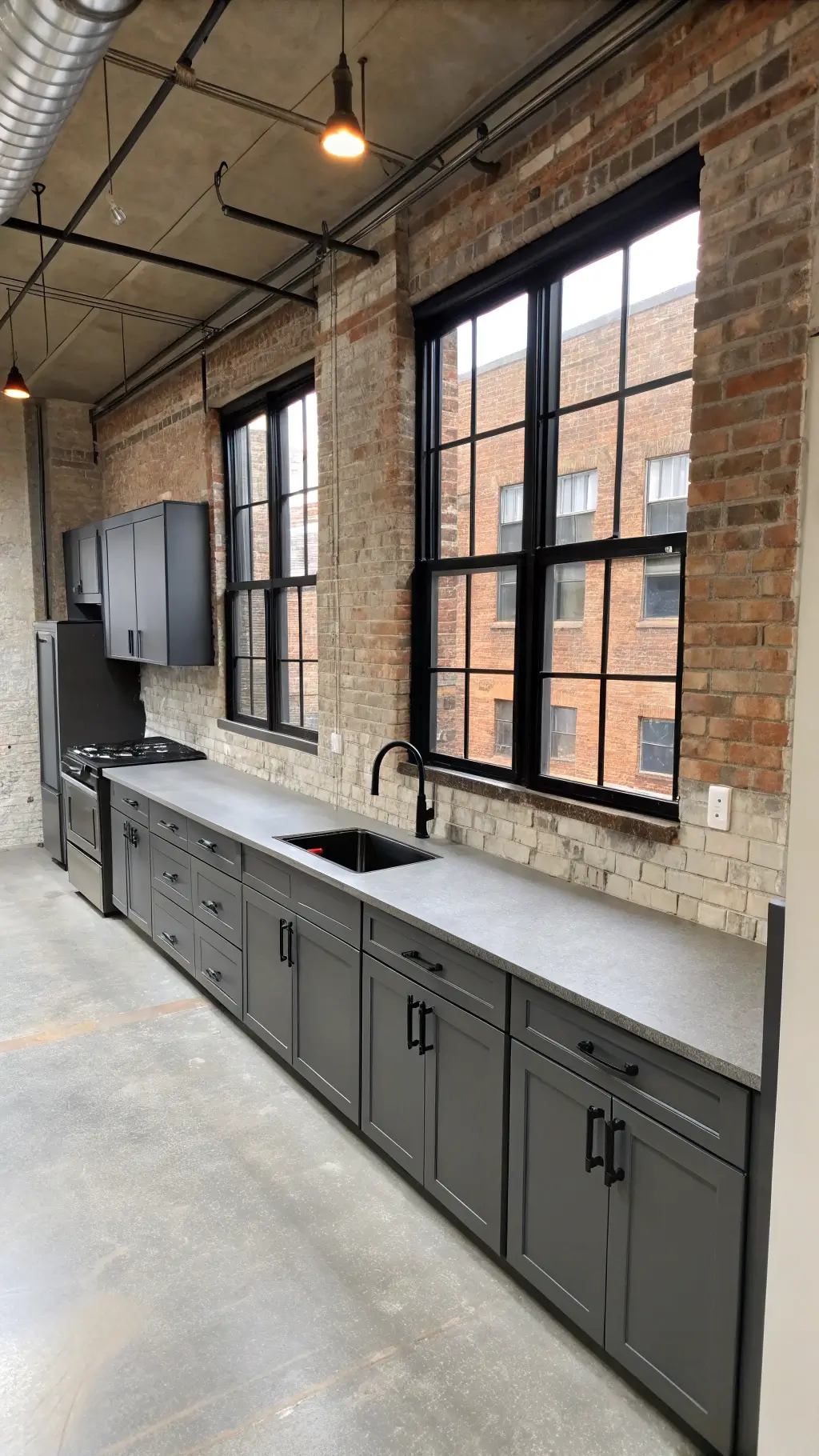 industrial-style kitchen with charcoal gray cabinets, concrete countertops, exposed brick, black steel windows, and minimalist hardware