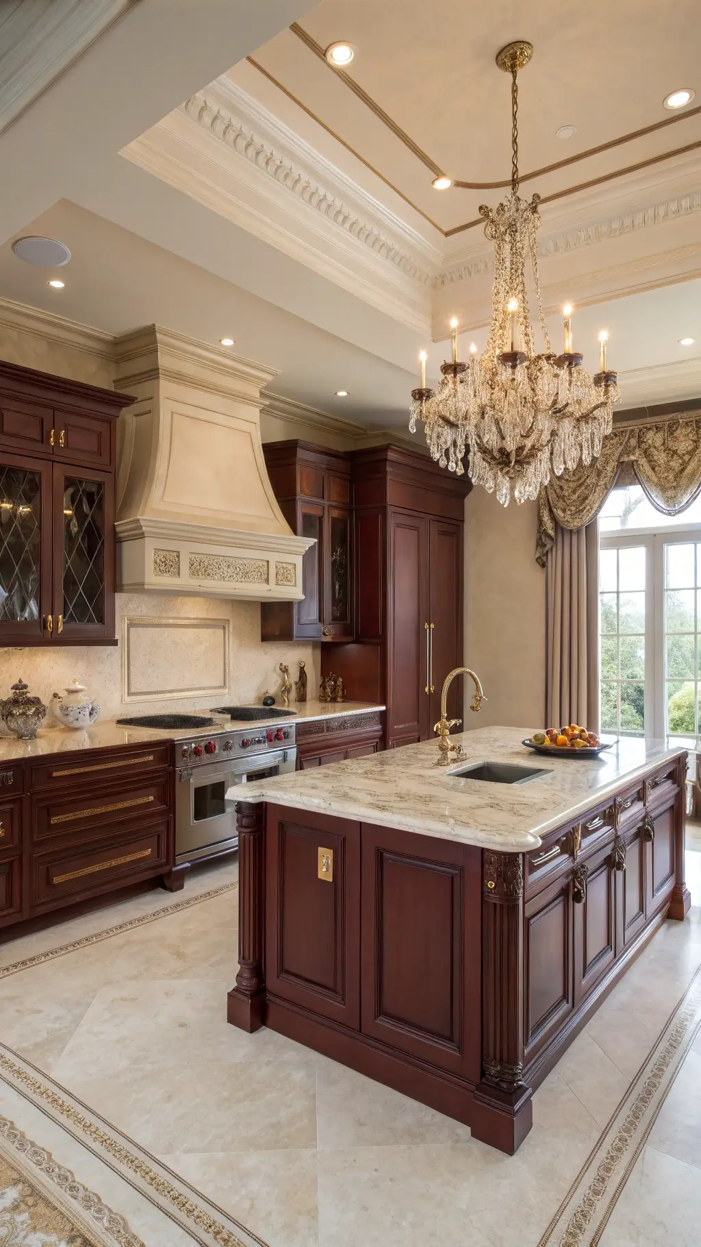 classic kitchen with merlot cabinets, antique brass handles, cream limestone counters, marble island, and crystal chandelier glowing in morning light