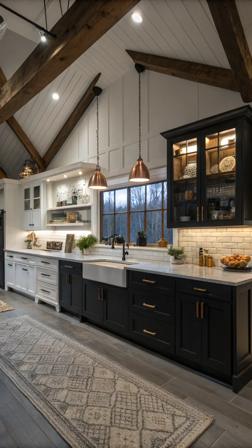 modern farmhouse kitchen with black lower cabinets, white uppers, copper pendant lights, pewter pulls, white oak shelving, and vintage decor under accent lighting