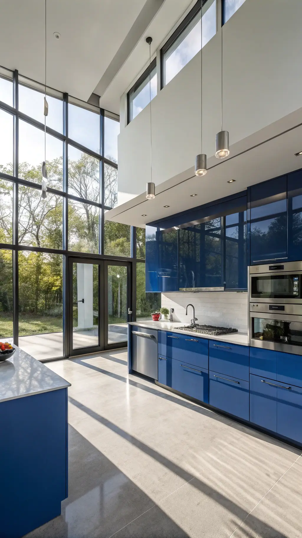 High-gloss cobalt blue kitchen from above with concrete countertops, stainless steel appliances, and black matte accessories in the afternoon sun