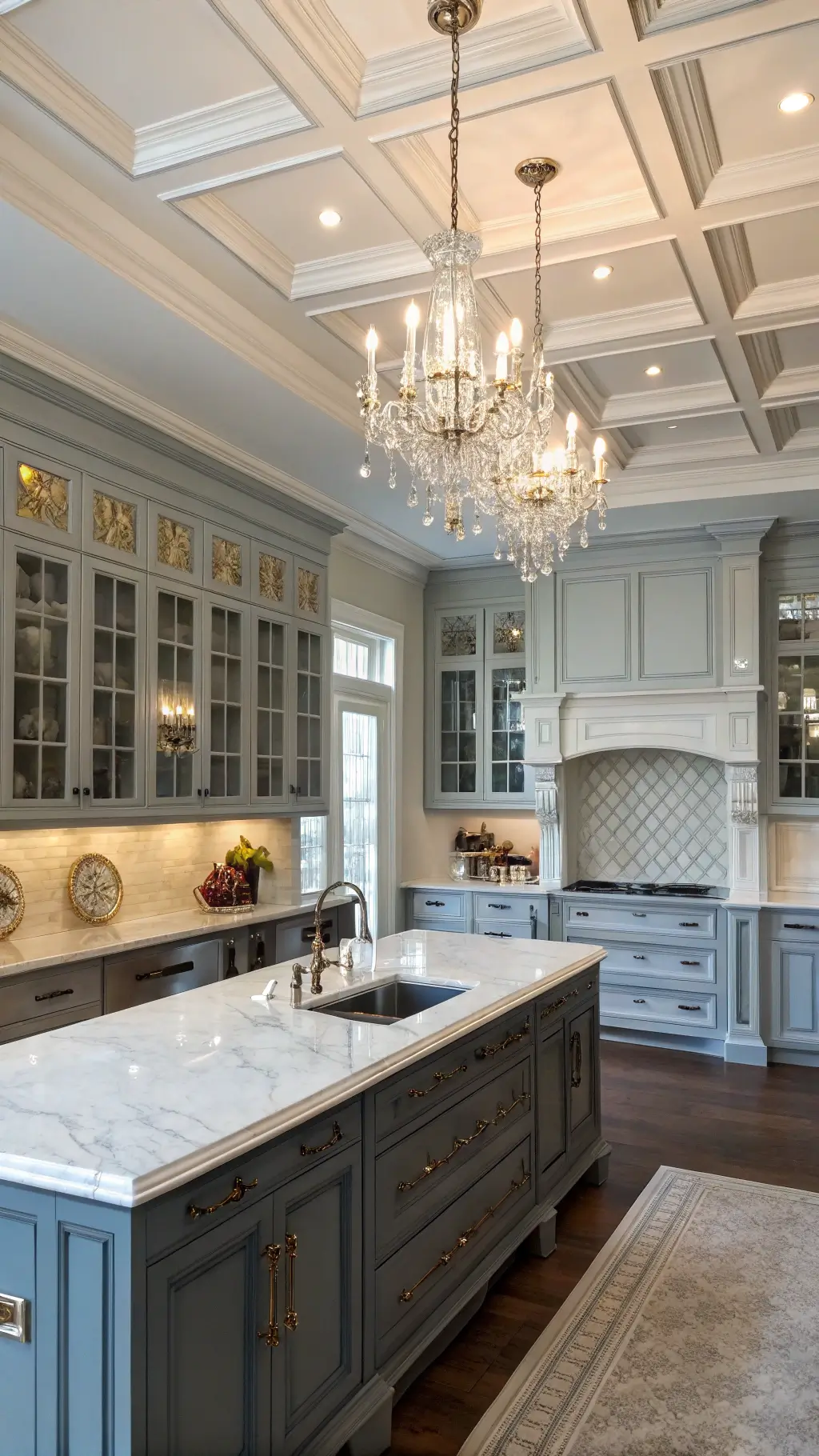 Traditional kitchen with gray-blue cabinets, marble island and herringbone backsplash, crystal chandelier, polished nickel faucet, coffered ceiling, and oriental runner.
