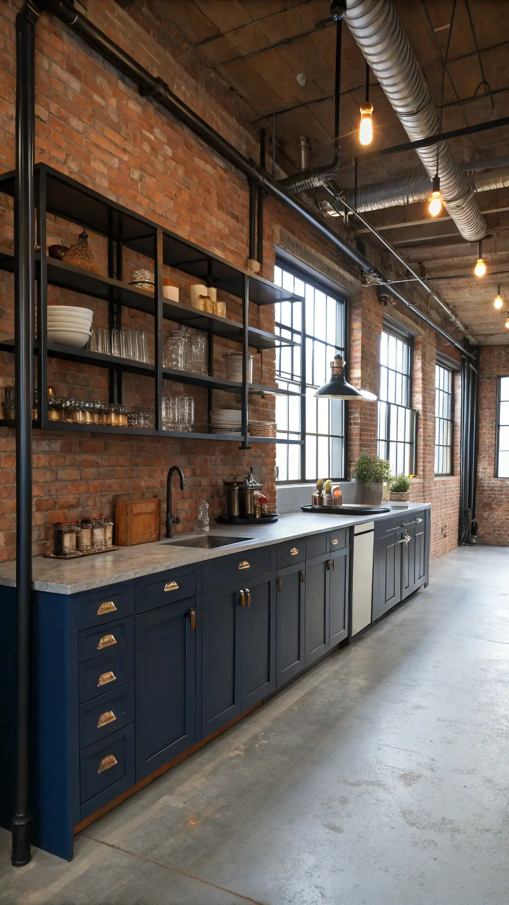 Industrial loft kitchen with exposed brick wall, indigo metal cabinets, zinc countertops, black iron pipe shelving, vintage glassware, Edison bulb lighting, copper cookware, dark pottery and concrete floors.